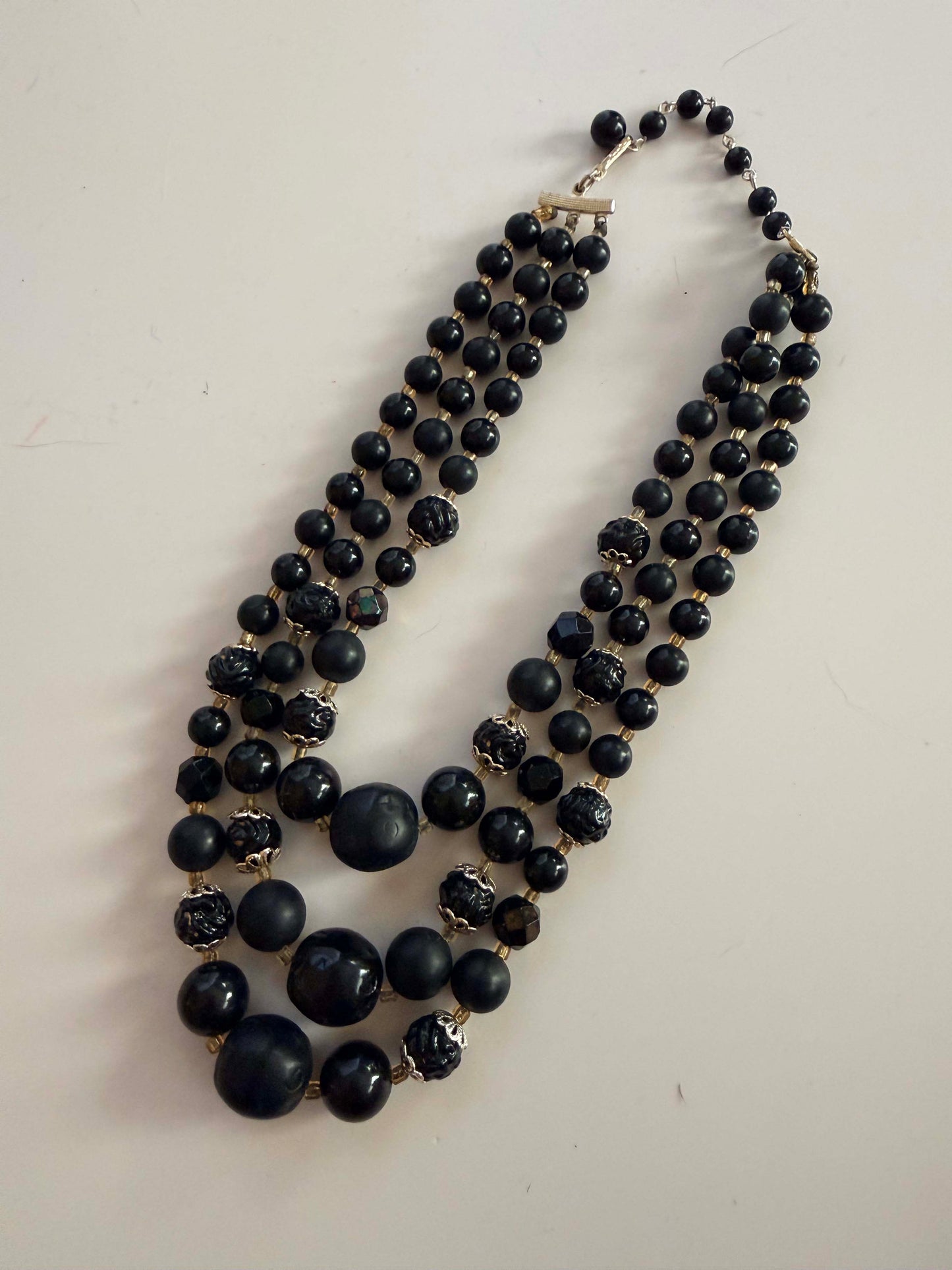 Vintage Black Triple Strand Beaded Necklace | Mid Century Matte & Glossy Black Lucite Statement Necklace | 1960s Costume Jewelry