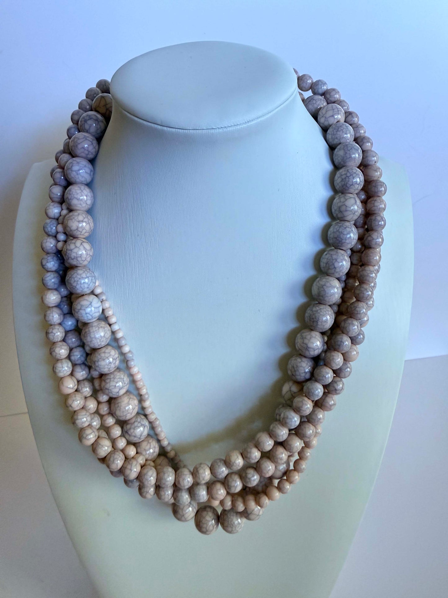 Vintage Five Strand Marbled Beige Beaded Necklace | Neutral Statement Necklace | 1980s Layered Acrylic Bead Jewelry
