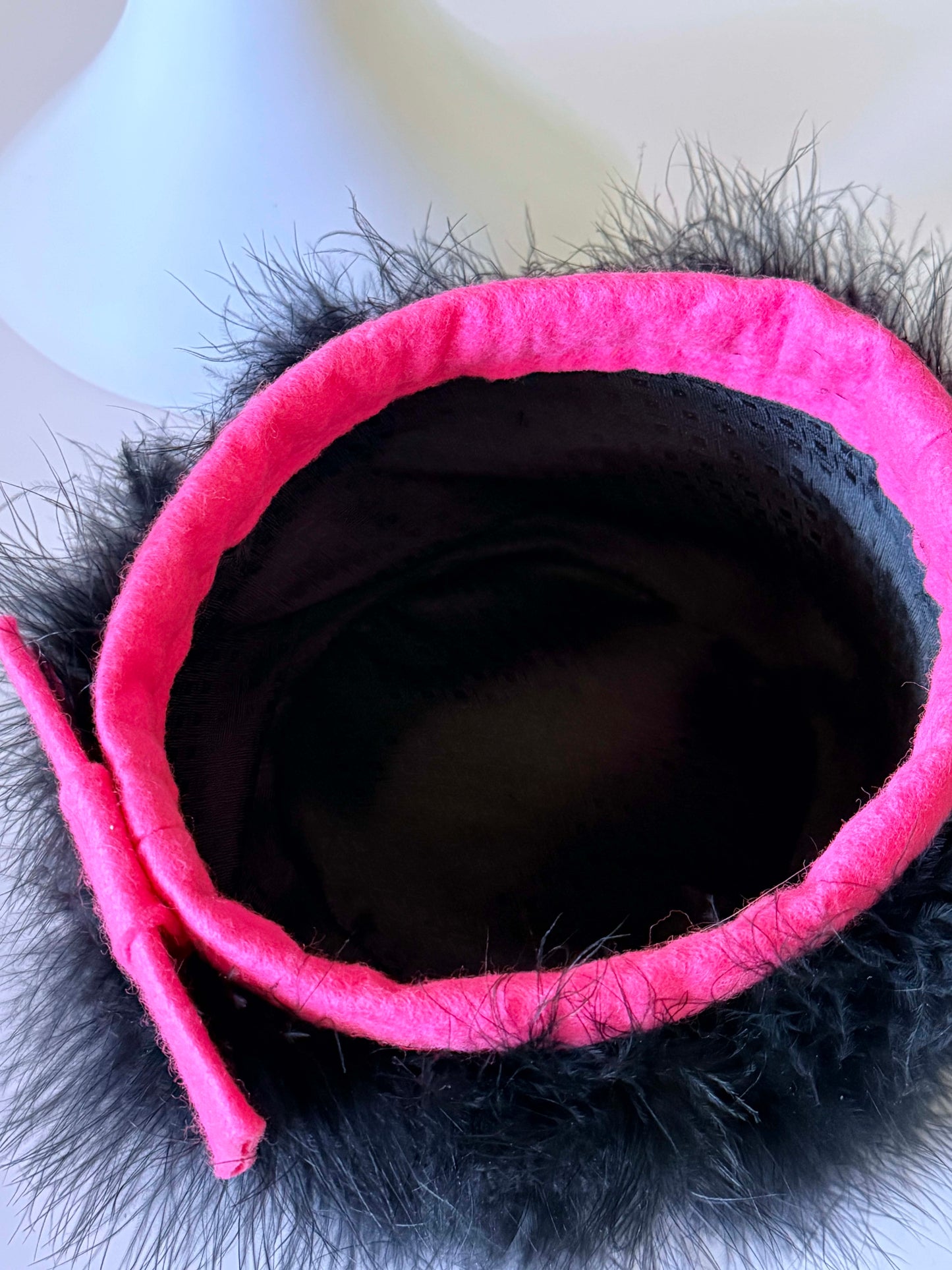 Vintage 1960s Ostrich Feather Hat – Black Feather & Pink Felt Oversized Statement Hat