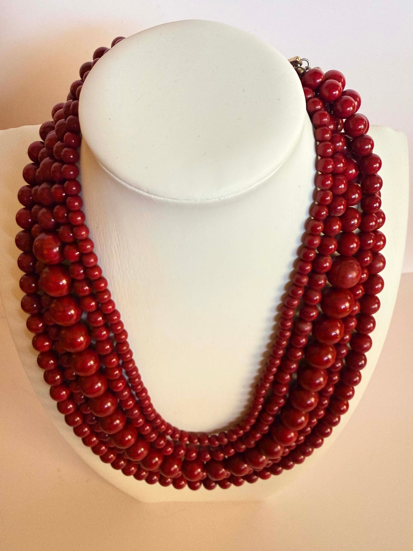 Vintage Five Strand Red Beaded Necklace | Cherry Red Statement Necklace | Layered Acrylic Bead Costume Jewelry | 1980s Necklace