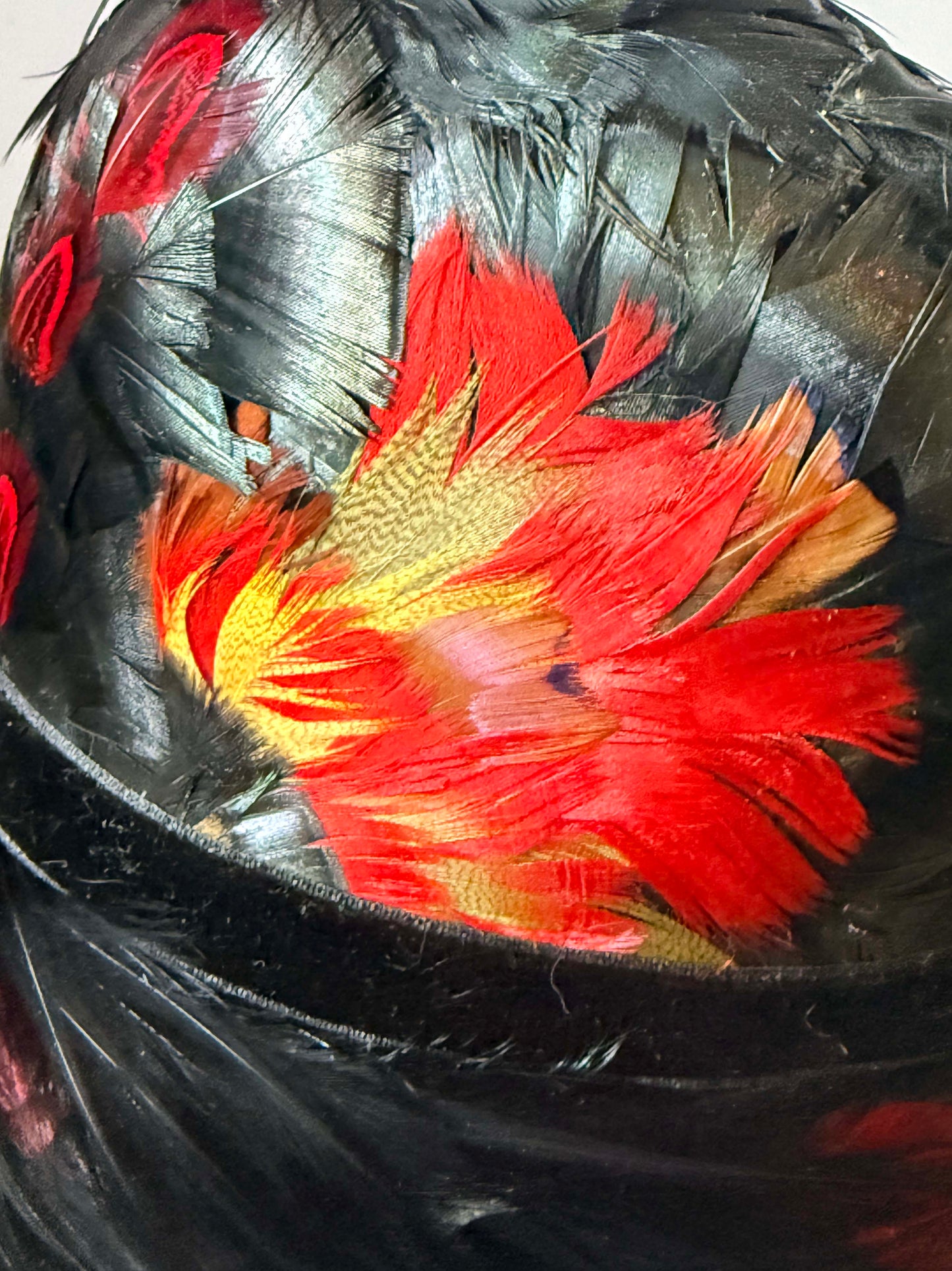 Luxury Vintage Feather Cloche Hat 1920s Art Deco Black Red Orange Evening Statement Hat