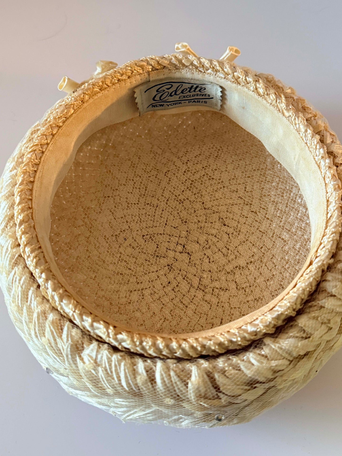 1950s Eolette Exclusives Ivory Raffia Cocktail Hat, Juliet Cap Style, New York Paris Designer Hat, Vintage Bridal Hat, Mid Century Millinery