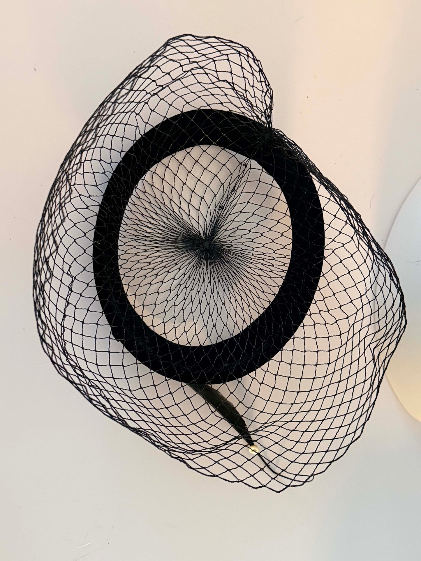 Vintage 1950s Black Velvet Veil Hat – Birdcage Veil Cocktail Hat with Feather & Button Detail, Mid Century Fascinator