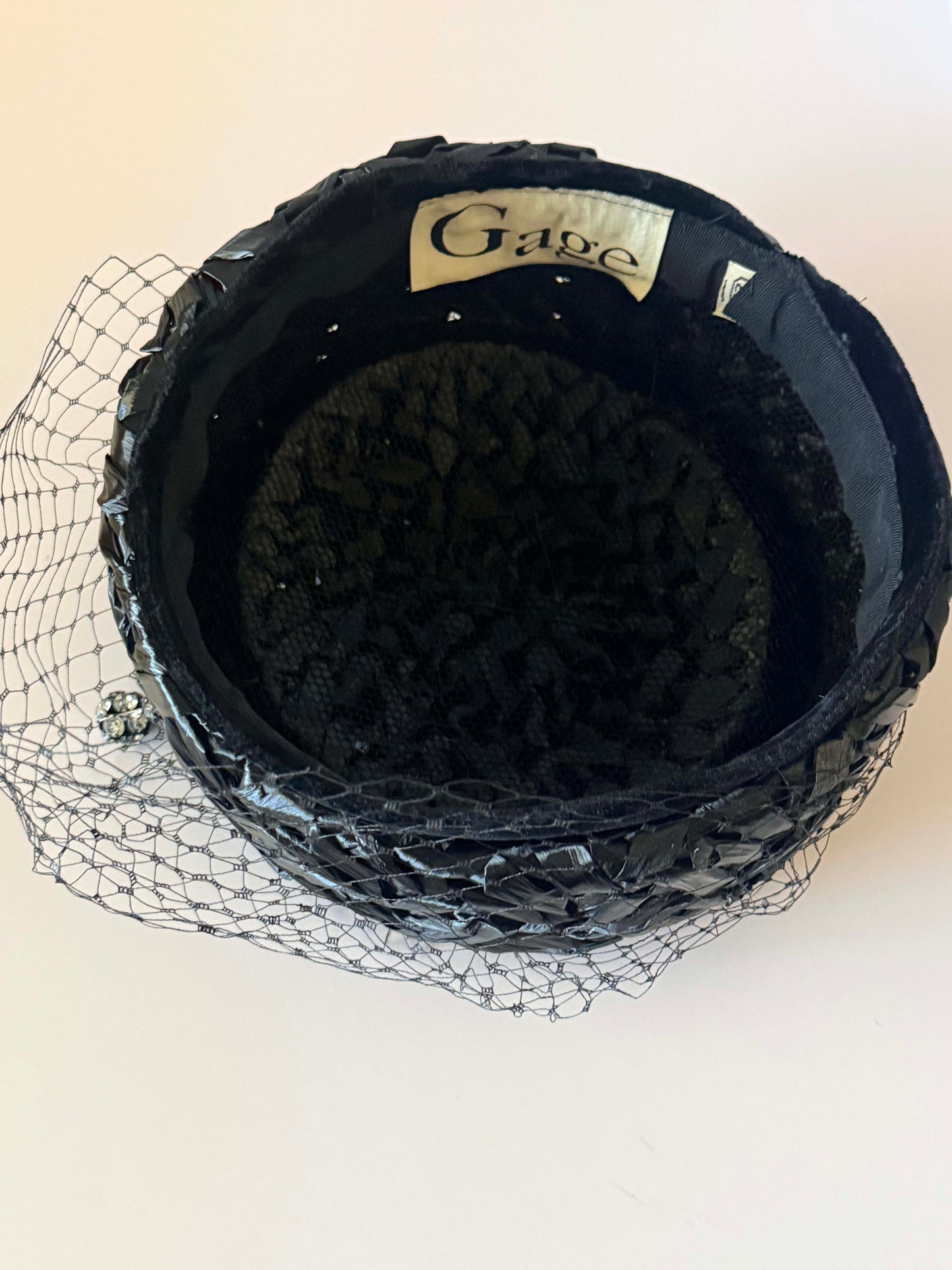 Vintage Gage Black Raffia Pillbox Hat | 1960s Veiled Cocktail Hat | Birdcage Veil | Rhinestone Hat | Mid Century Women's Millinery