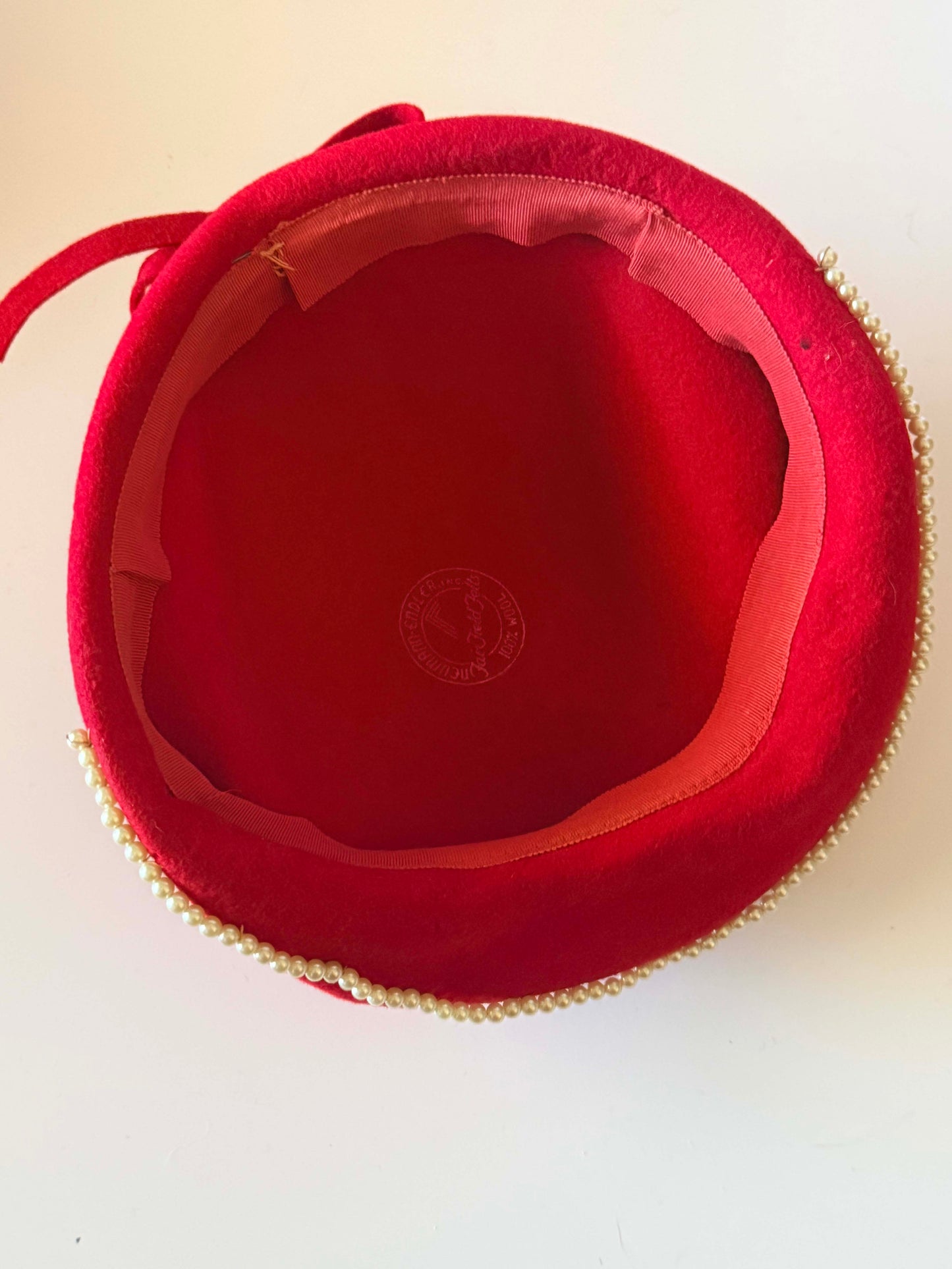 Vintage Red Wool Felt Pillbox Hat | 1960s Pearl Trim Cocktail Hat | Mid Century Red Hat | Classic Millinery