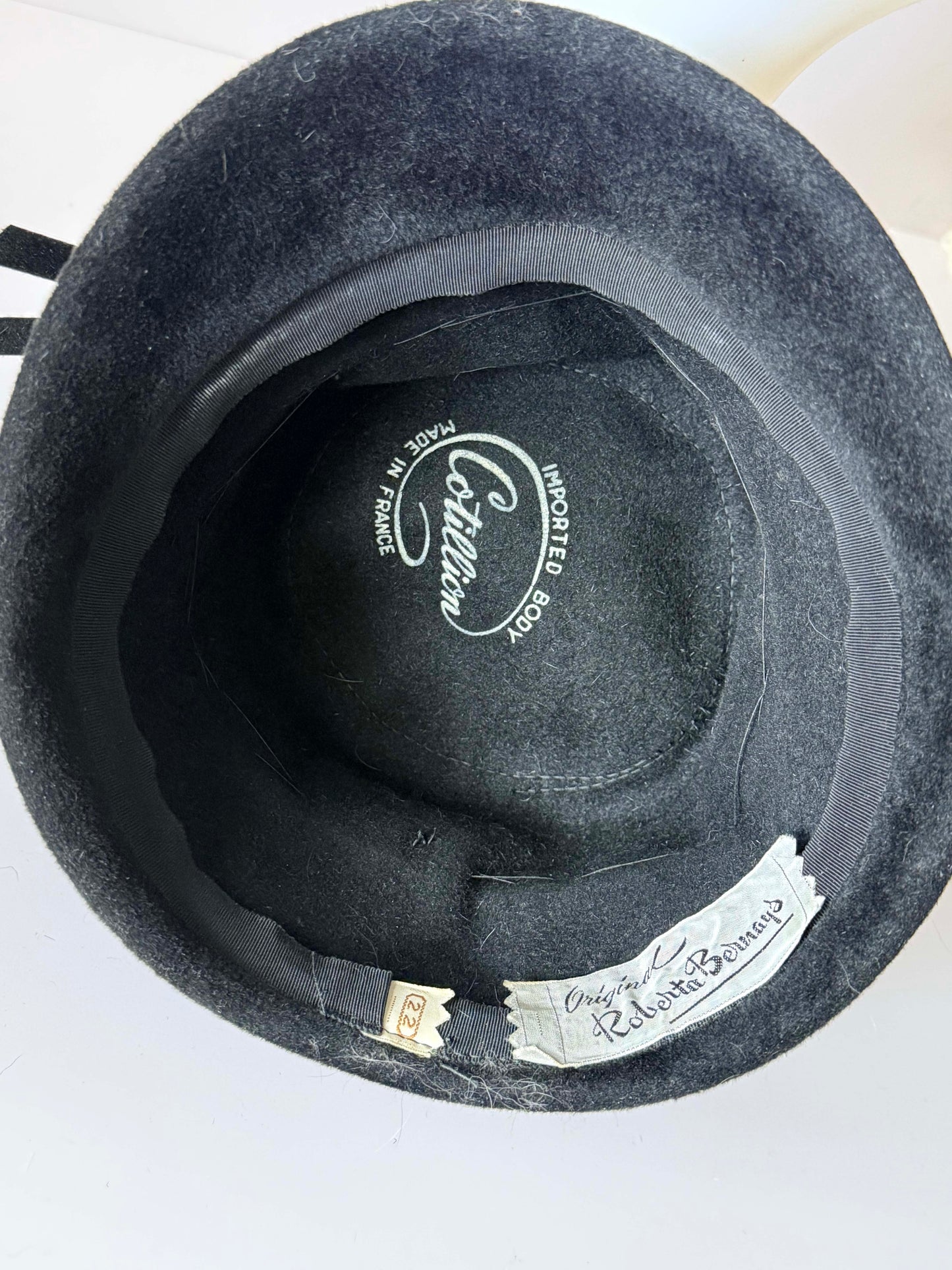 Vintage 1950s Roberta Bernays Original Black Velvet & Satin Rhinestone Hat – Sculpted Cocktail Pillbox, Made in France