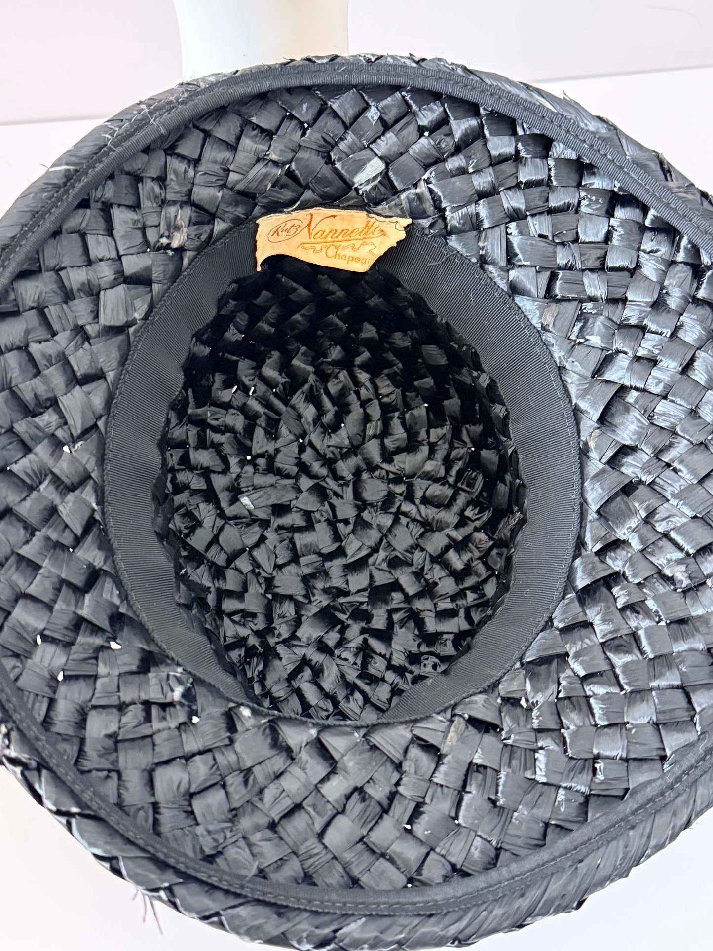 Vintage Black Raffia Bucket Hat – Katz Nannette Chapeaux Woven Straw with Silk Wrap Bow