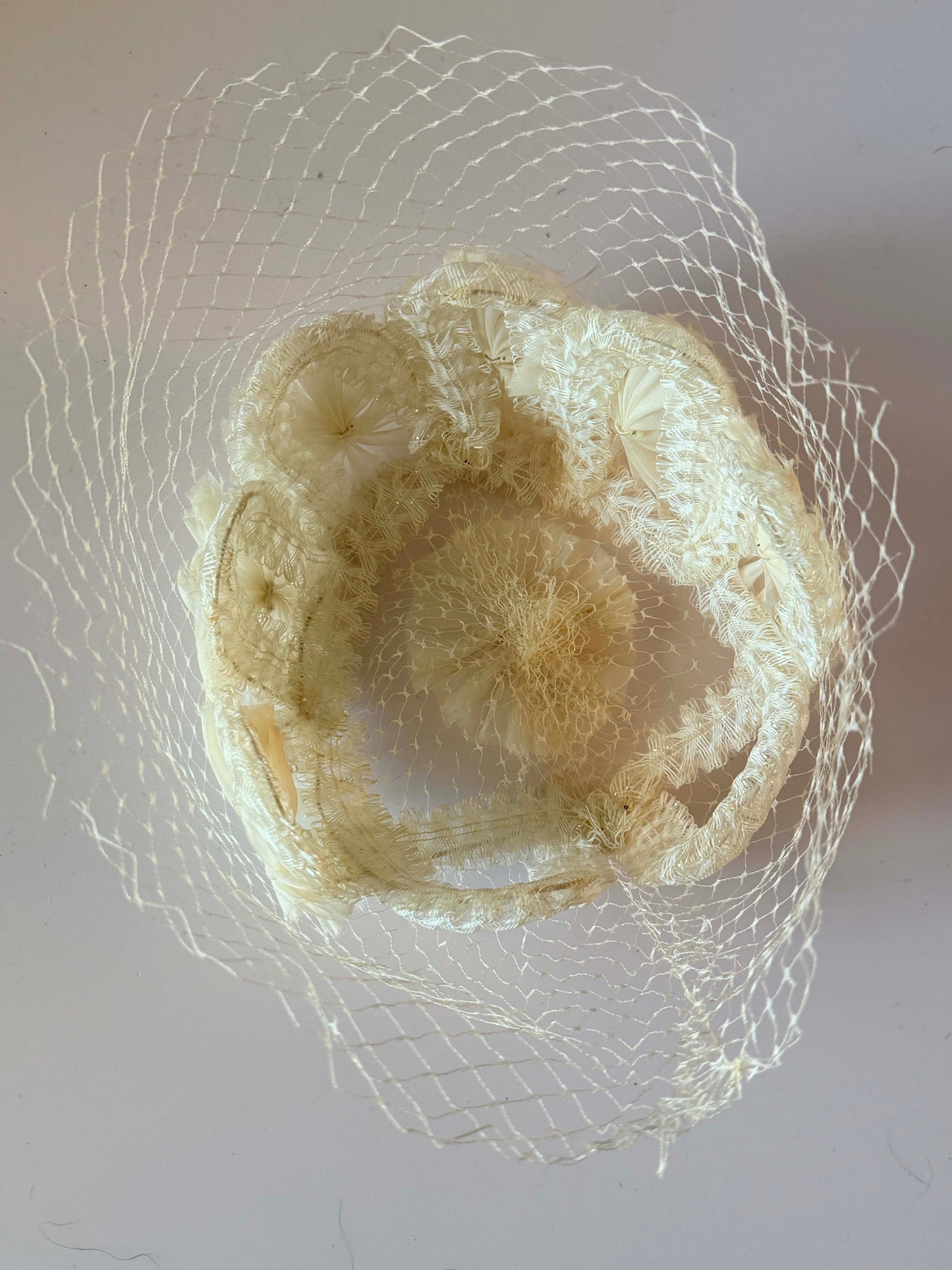 Vintage Ivory Bridal Hat Birdcage Veil Wedding Fascinator Satin Rosettes Mid Century Cocktail Hat 1950s 1960s Bride Reception Hat