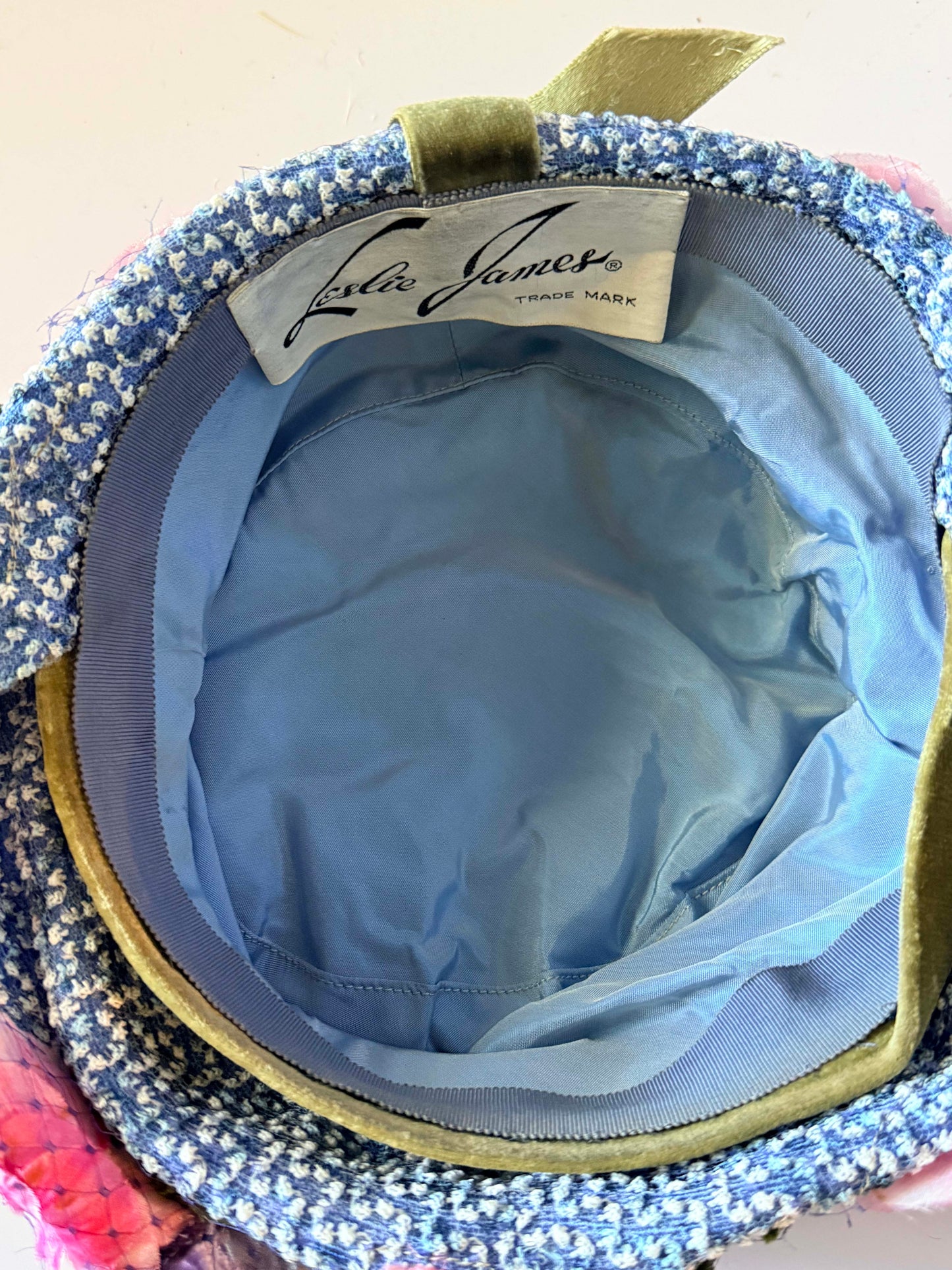 Vintage Leslie James Floral Hat Blue Tweed Bucket Hat Pink Flower Hat 1960s Designer Garden Party Easter Derby Hat