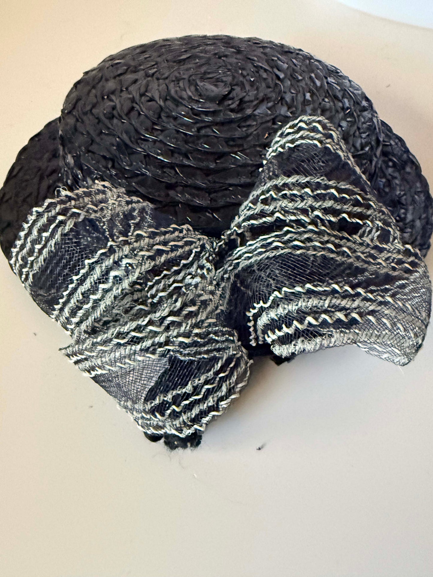 Vintage 1940s Inky Blue Black Tilt Hat | Woven Straw Cocktail Hat with Bun Strap | Sculptural Women's Millinery
