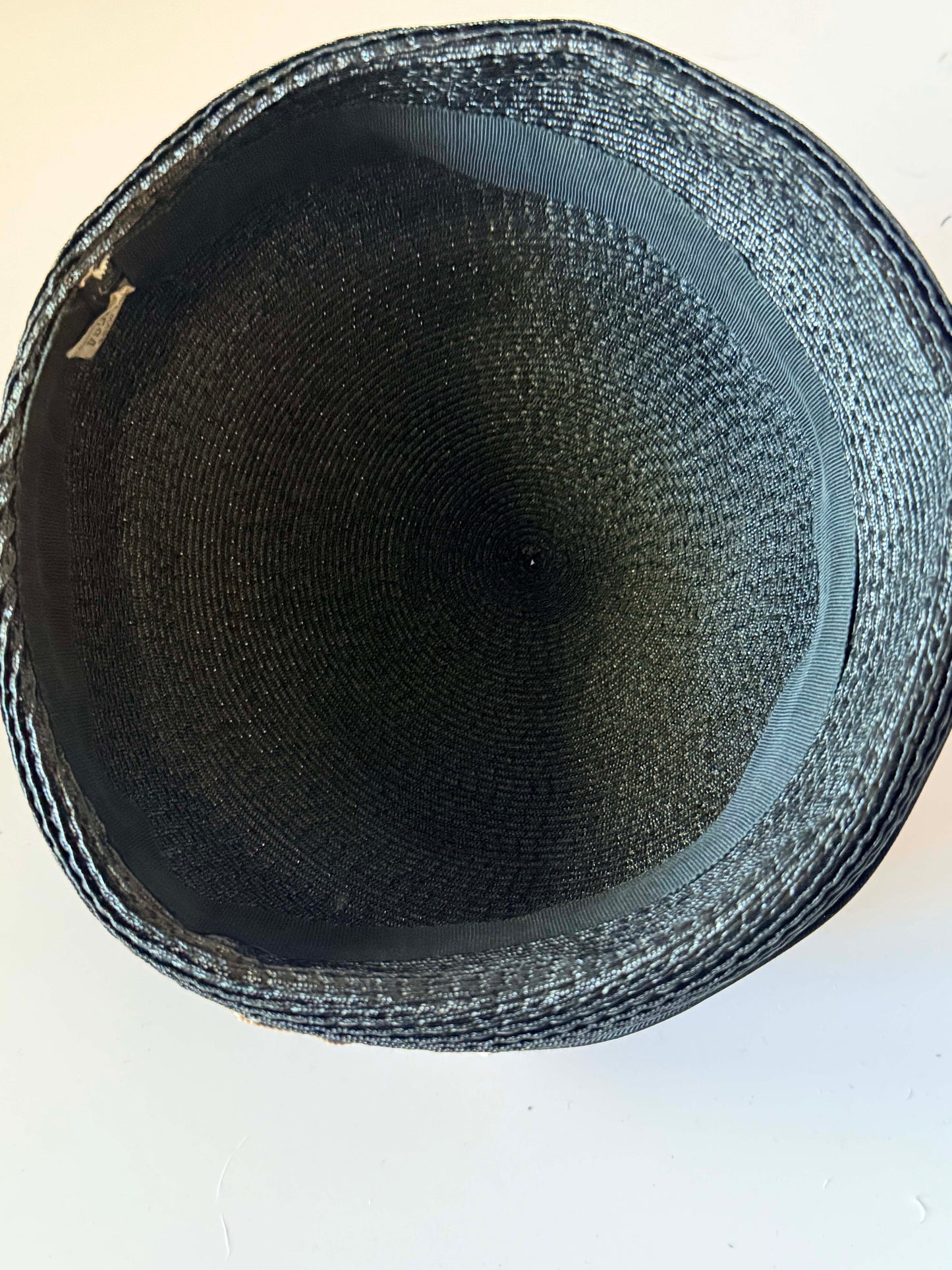 Vintage 1960s Black Straw Pillbox Hat | Mod Cocktail Hat | Geometric Ribbon Trim | Mid Century Millinery