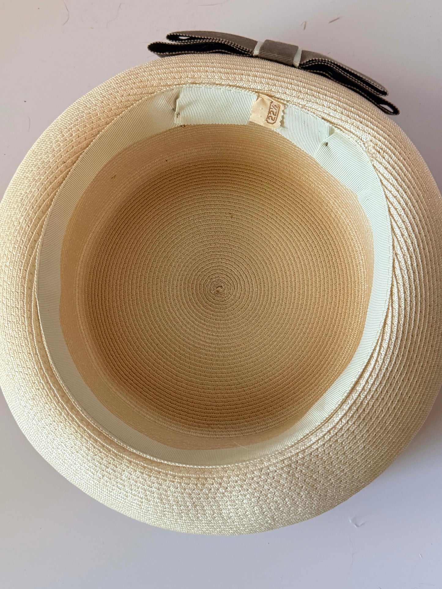 Vintage Ivory Straw Boater Hat Taupe Grosgrain Bow Mid Century Skimmer Hat Summer Straw Hat 1950s 1960s Women's Millinery