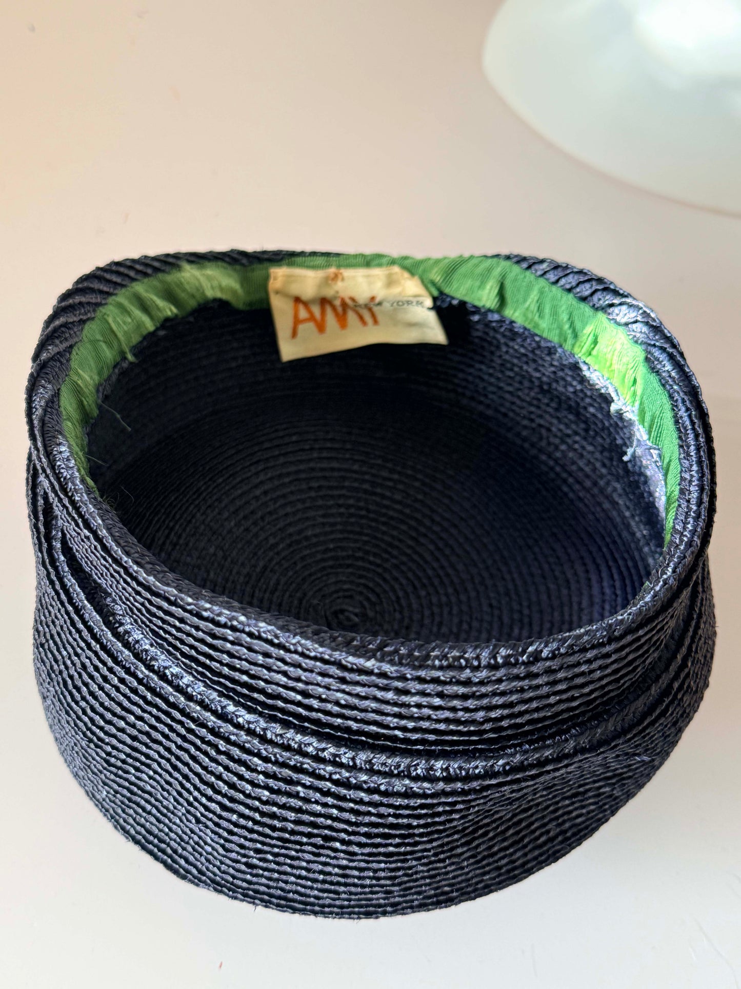 Vintage Navy Blue Straw Pillbox Hat by AMY New York | 1960s Structured Cocktail Hat | Designer Summer Millinery | Classic Mid Century Hat | Formal Occasion Hat