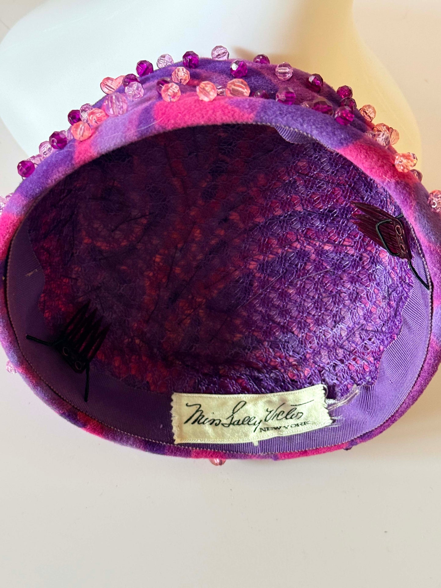 Vintage 1960s Miss Sally Victor New York Beaded Pillbox Hat – Purple and Pink Felt Hat