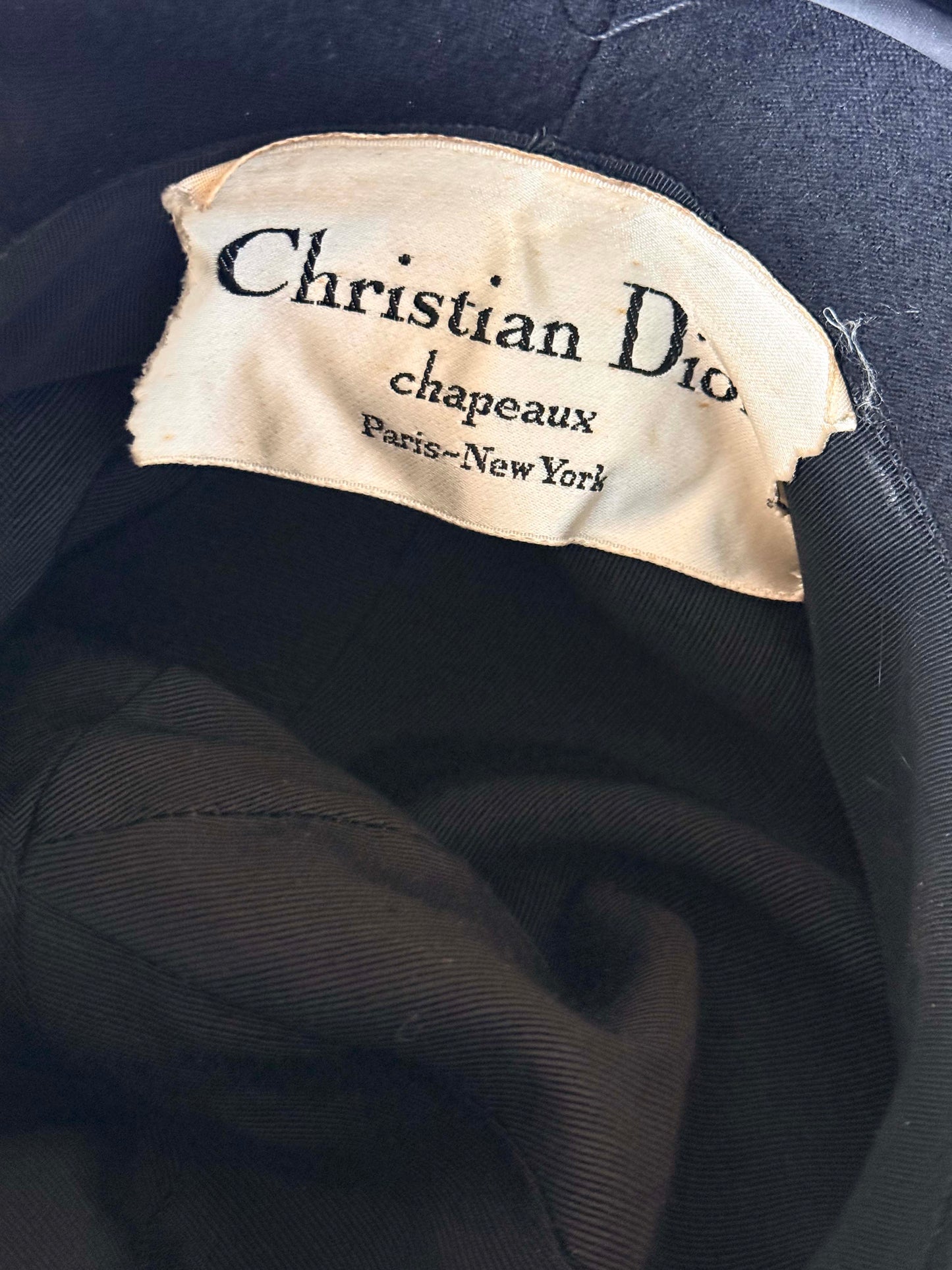 1950s Christian Dior Chapeaux Vintage Hat – Black Velvet Ribbon Trim Bucket Hat