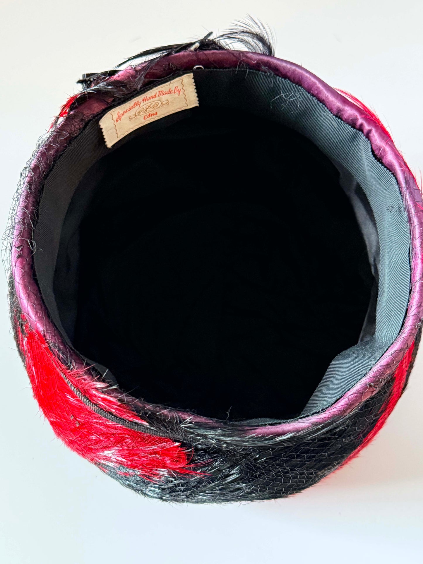 Vintage Edna Handmade Red & Black Feather Toque Hat | 1960s Pillbox Hat | Feather Cocktail Hat | Mid Century Statement Millinery | Designer Vintage Hat