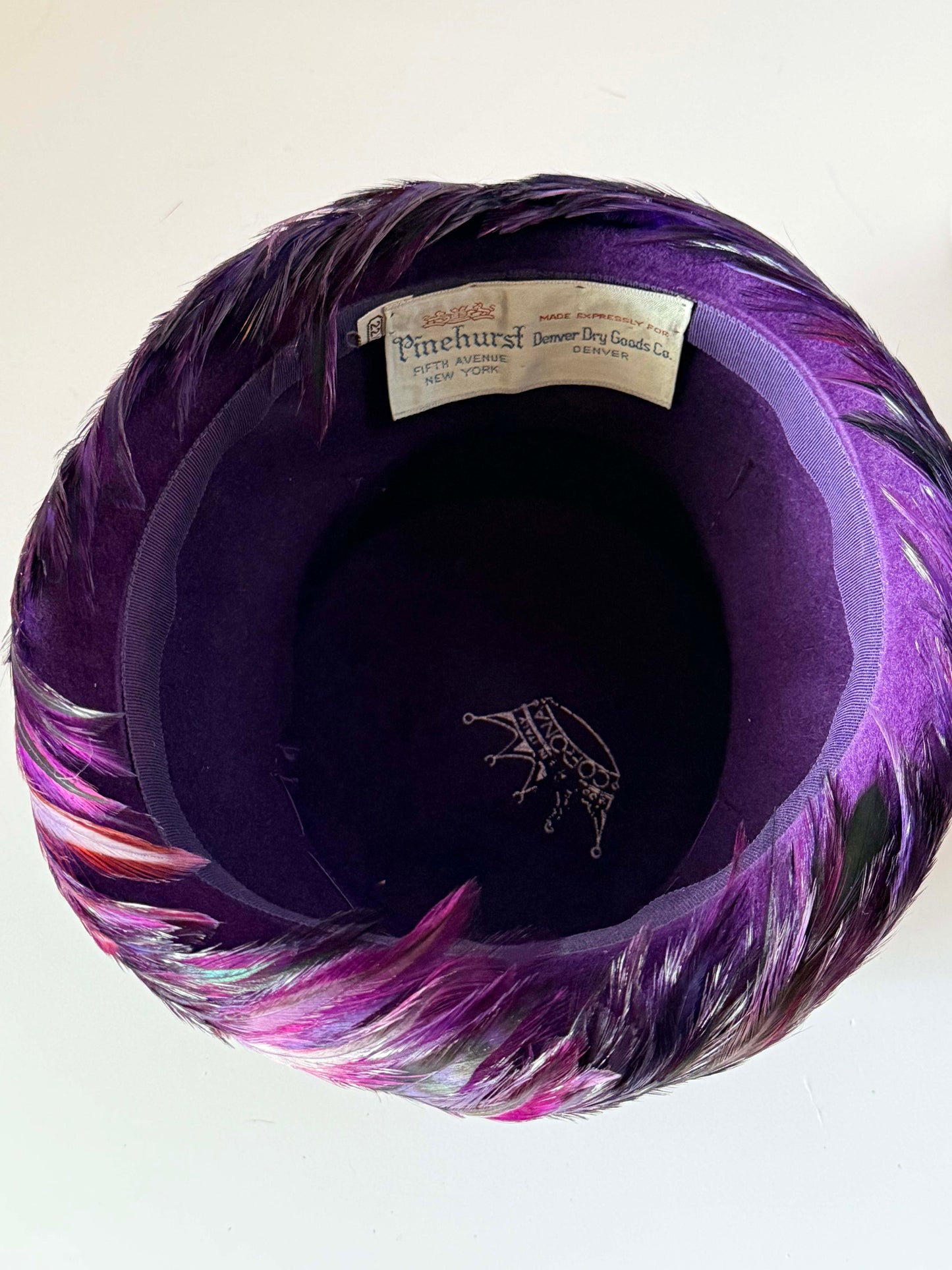 Vintage Pinehurst Feather Cocktail Hat | Fifth Avenue New York | Plum Purple Feather Pillbox Hat | Designer 1950s Hat | Denver Dry Goods Exclusive