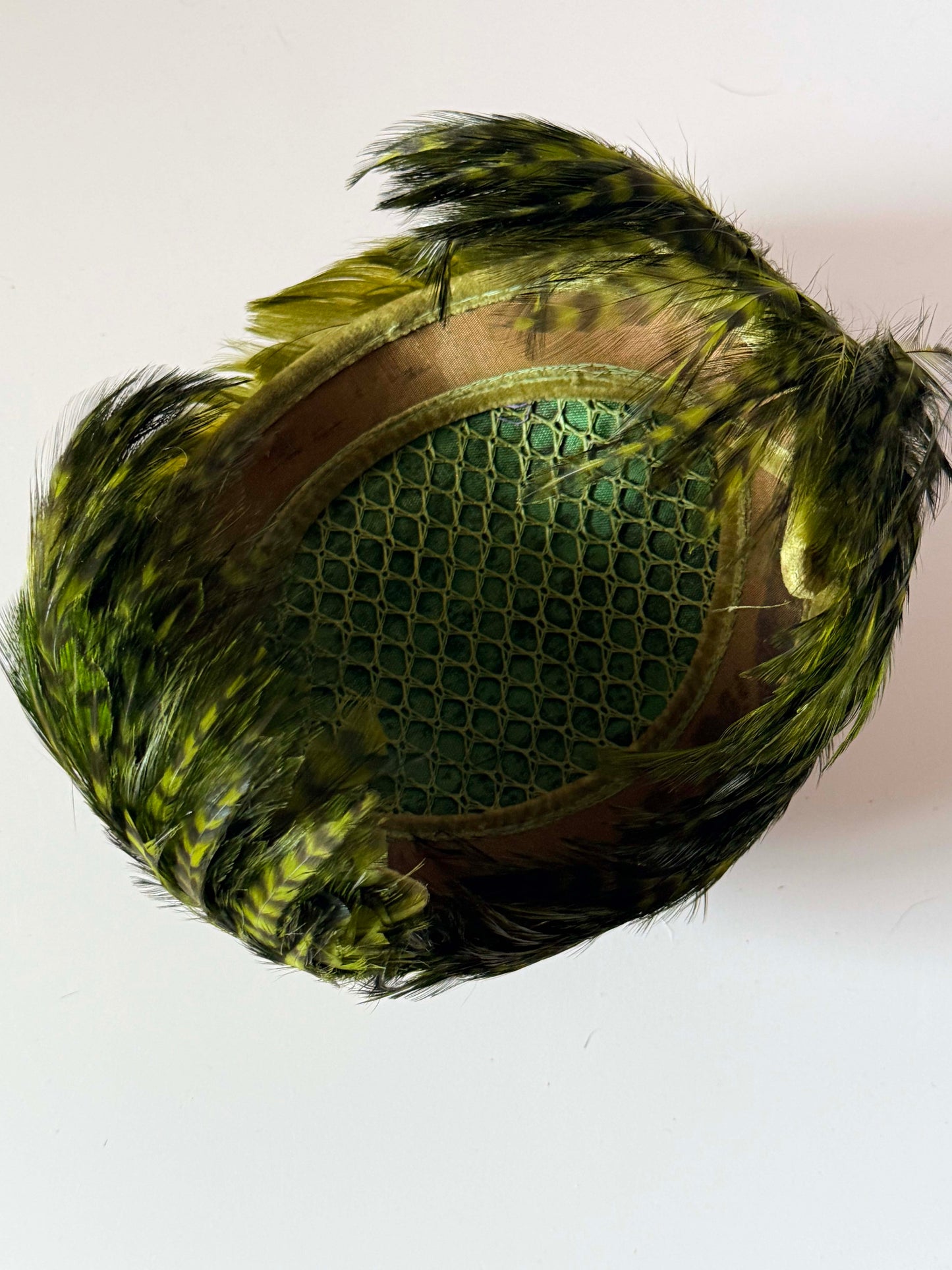 Vintage Olive Green Feather Fascinator | 1950s Half Hat | Green Feather Cocktail Hat | Mid Century Open Crown Hat | Vintage Millinery