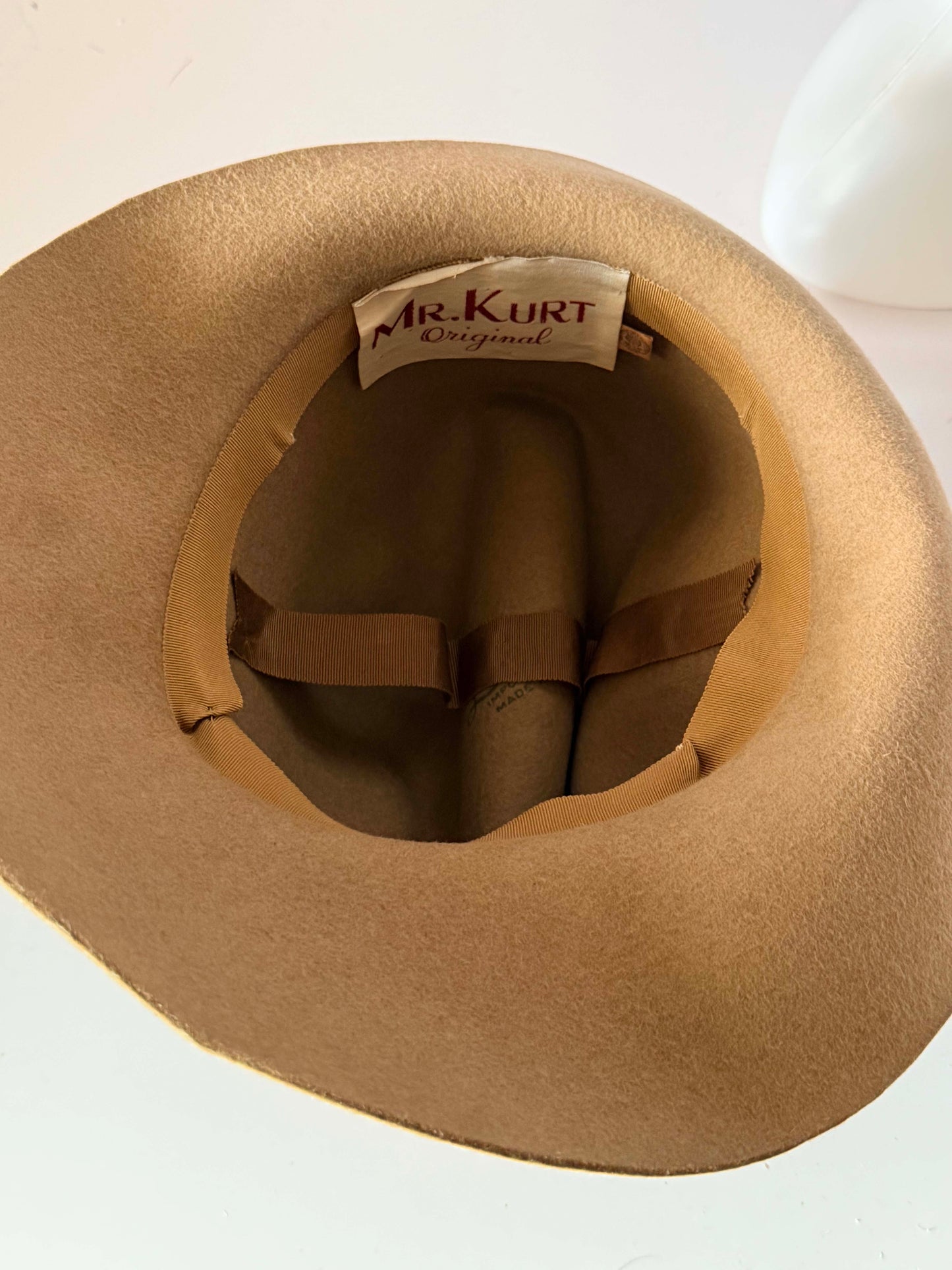 Vintage Mr. Kurt Original Camel Wool Felt Fedora Hat with Powder Blue Satin Band | Wide Brim Designer Hat
