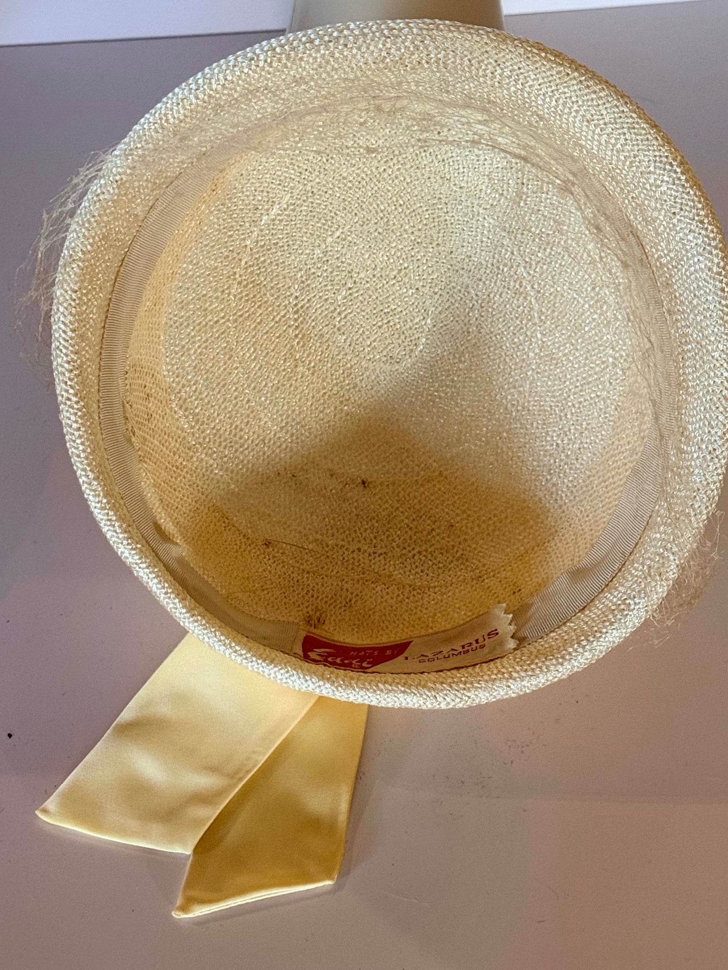 Vintage 1950s Eadi - Lazarus Columbus Ivory Straw Pillbox Hat – Satin Band with Birdcage Veil & Ribbon Tails
