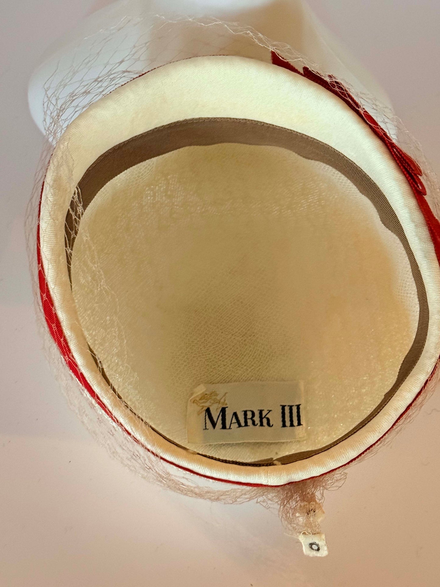Vintage 1960s Mark III Ivory Textured Pillbox Hat – Red Satin Band with Birdcage Veil
