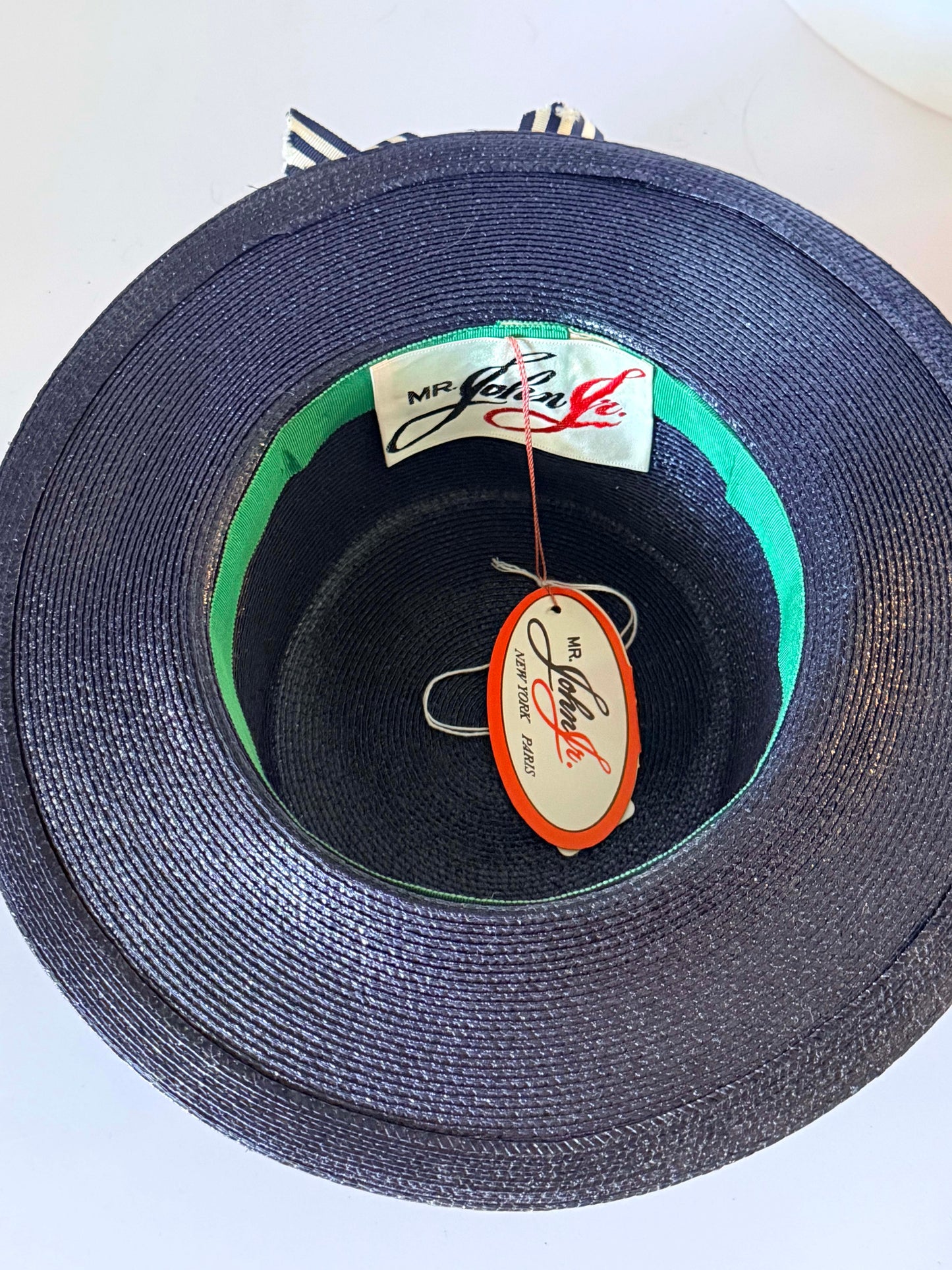 Vintage Mr. John Jr. Navy Straw Boater Hat, Deadstock Wide Brim Summer Hat, Designer Floral Ribbon Hat, New York Paris