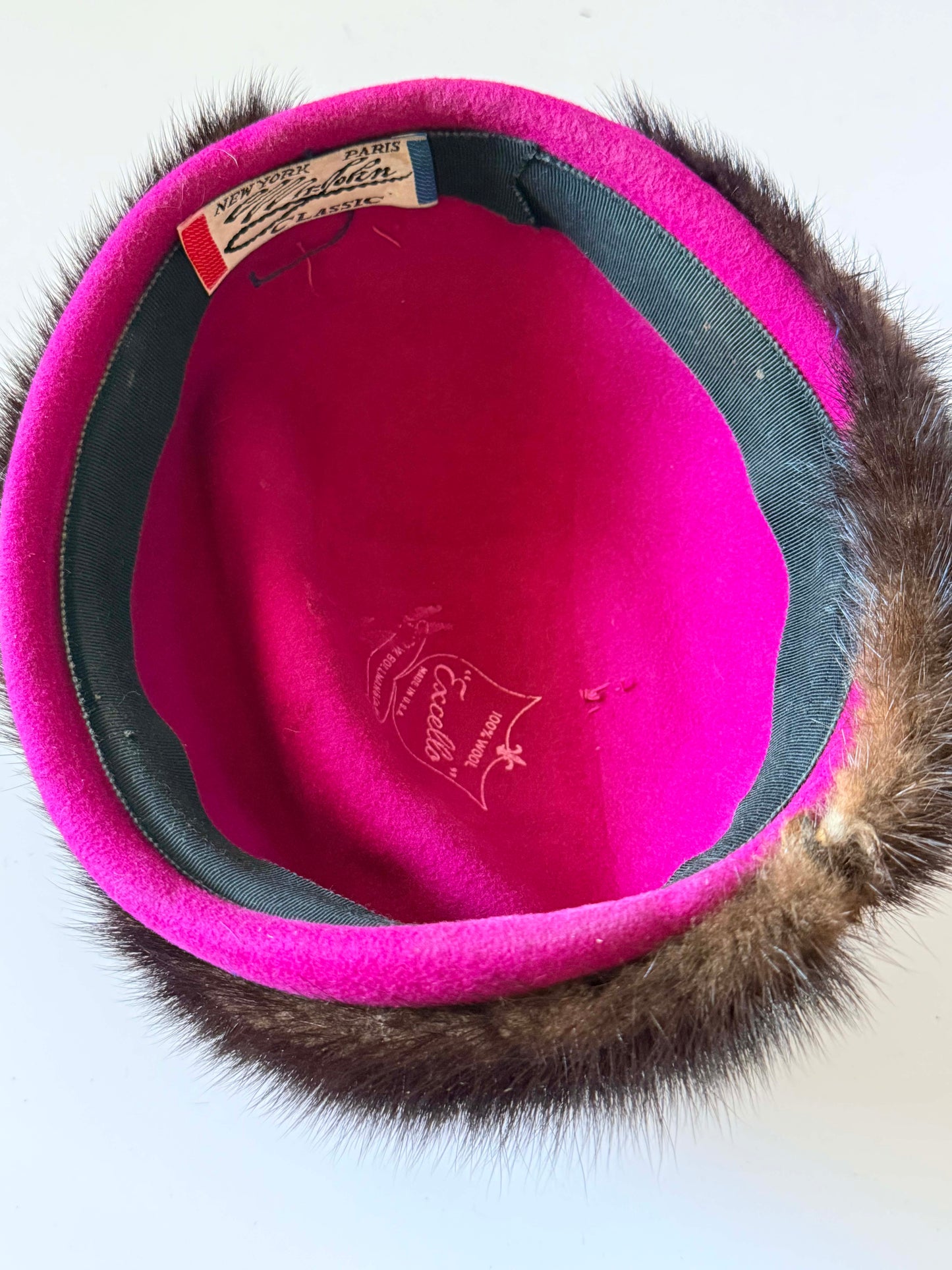 Vintage Mr. John Classic Mink Fur Hat | 1960s Fuchsia Wool Felt Cocktail Hat | Designer Tilt Hat | Luxury Vintage Millinery