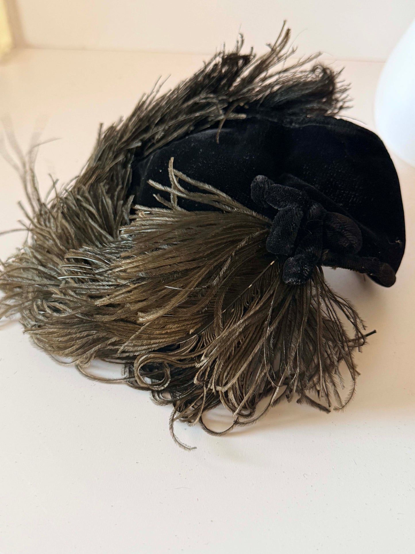 Vintage Bloomingdale's Black Velvet Cocktail Hat | Ostrich Feather Fascinator | 1950s 1960s Evening Hat | Designer Millinery