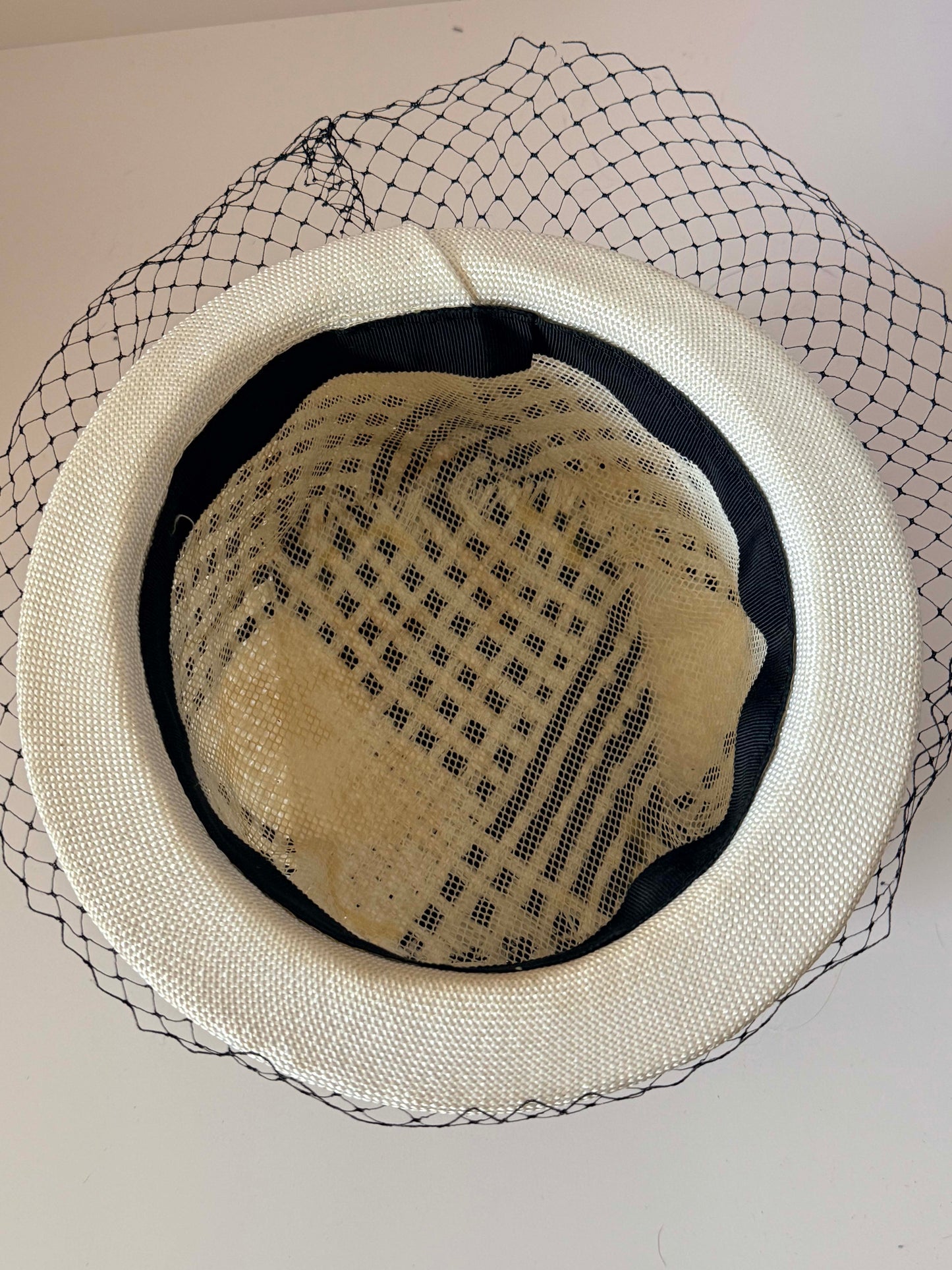 Vintage Black and White Cloche Hat | 1960s Woven Straw Bucket Hat with Birdcage Veil | Mod Summer Cocktail Hat