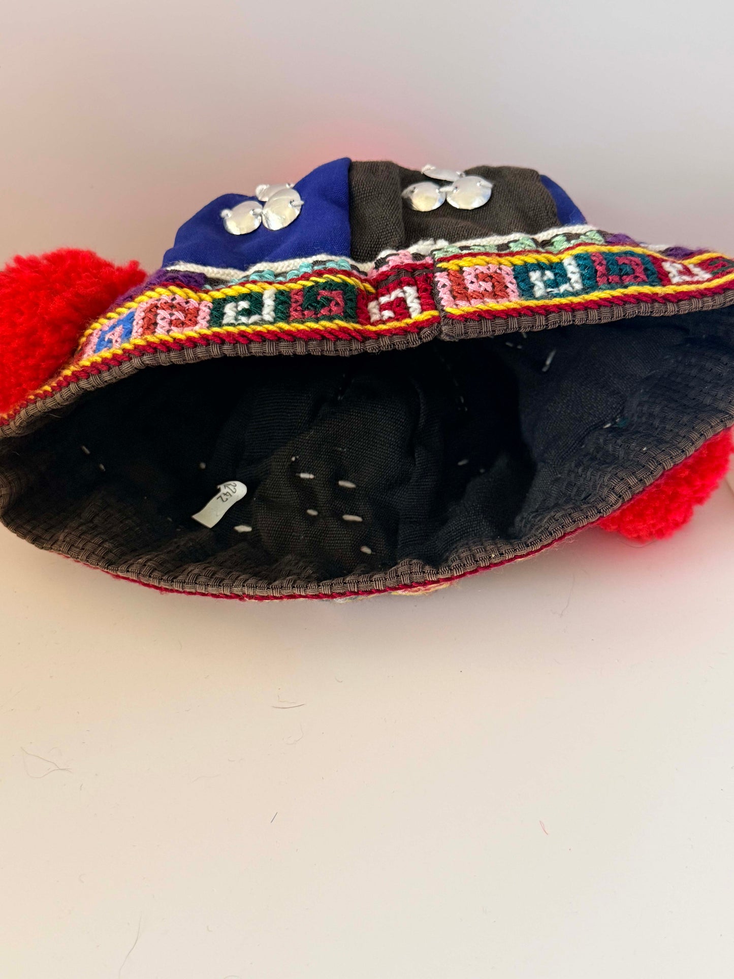 Vintage Hmong Pom Pom Hat | Handmade Tribal Embroidered Cap | Ethnic Folk Art Textile Headdress | Boho Festival Hat