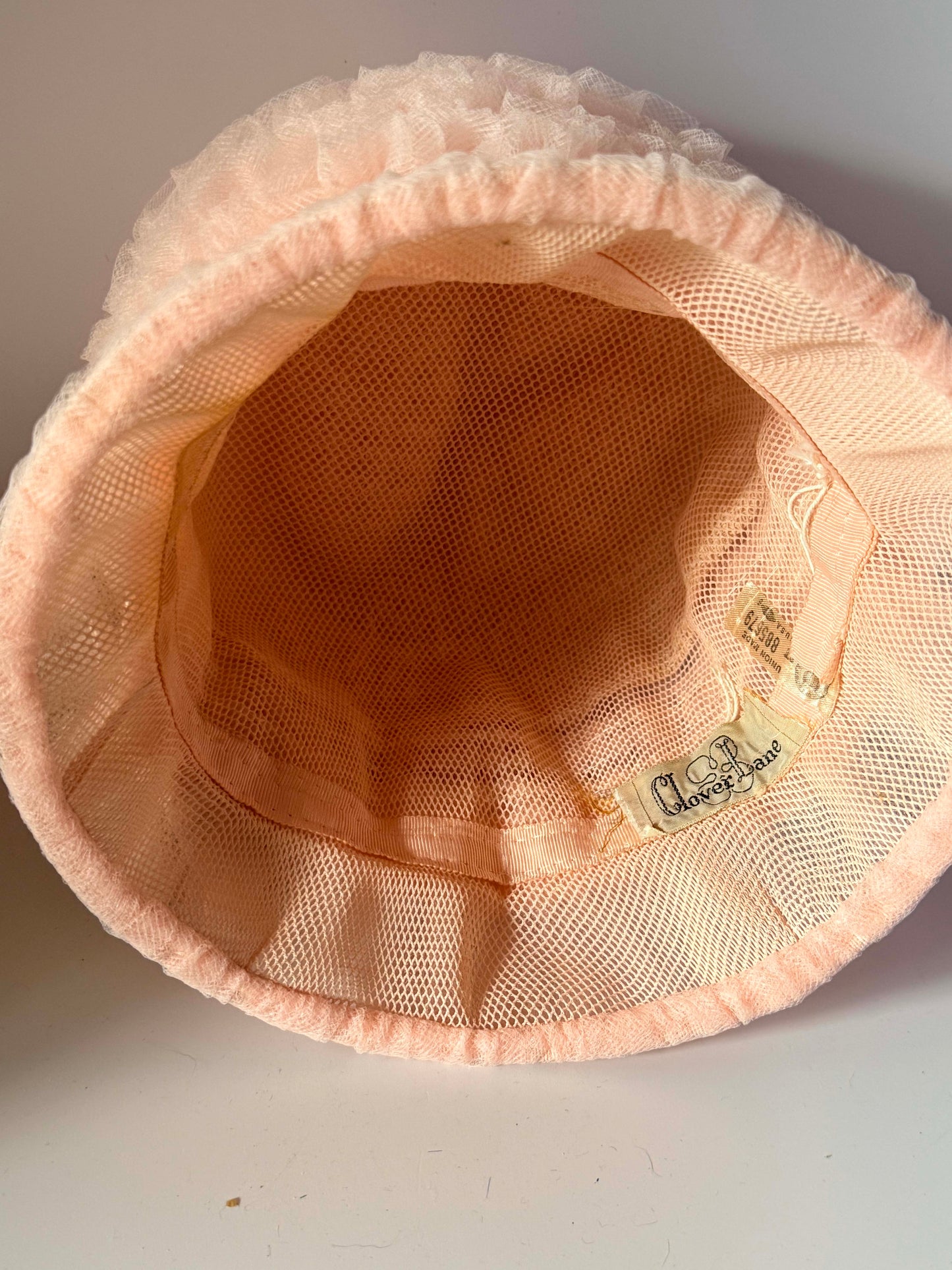 Vintage Clover Lane Pink Tulle Cloche Hat | Blush Ruffle Bucket Hat with Satin Rose | 1980s Romantic Occasion Hat