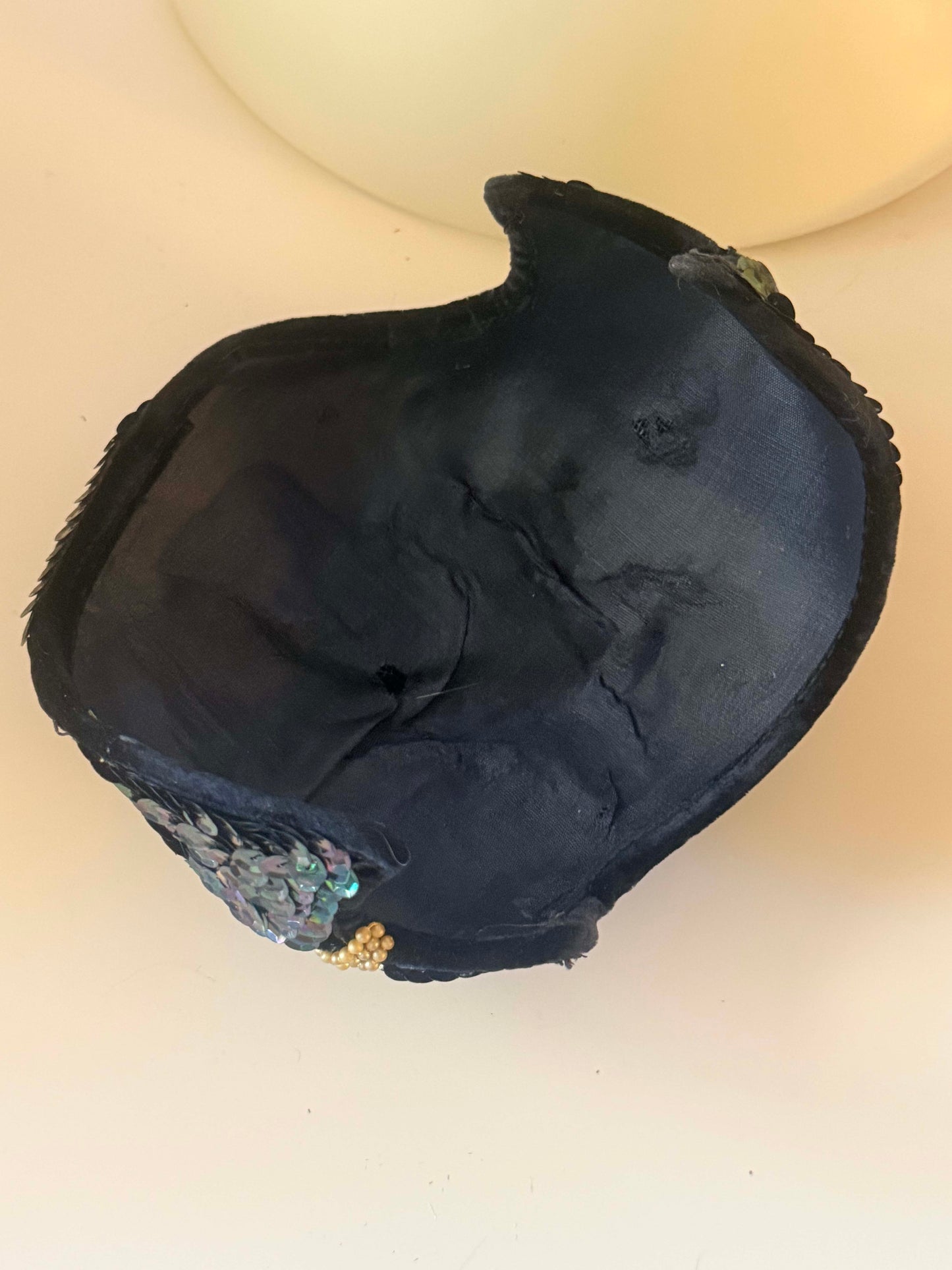 Vintage 1950s Black Velvet Sequin Cocktail Hat – Sculptural Open Crown with Iridescent Beaded Accents – Mid Century Statement Headpiece