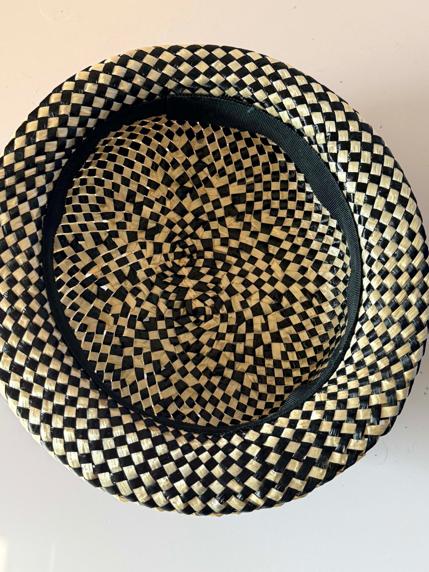 Vintage 1950s Black Ivory Straw Hat Woven Checkerboard Breton Hat Grosgrain Bow Mid Century Women's Millinery