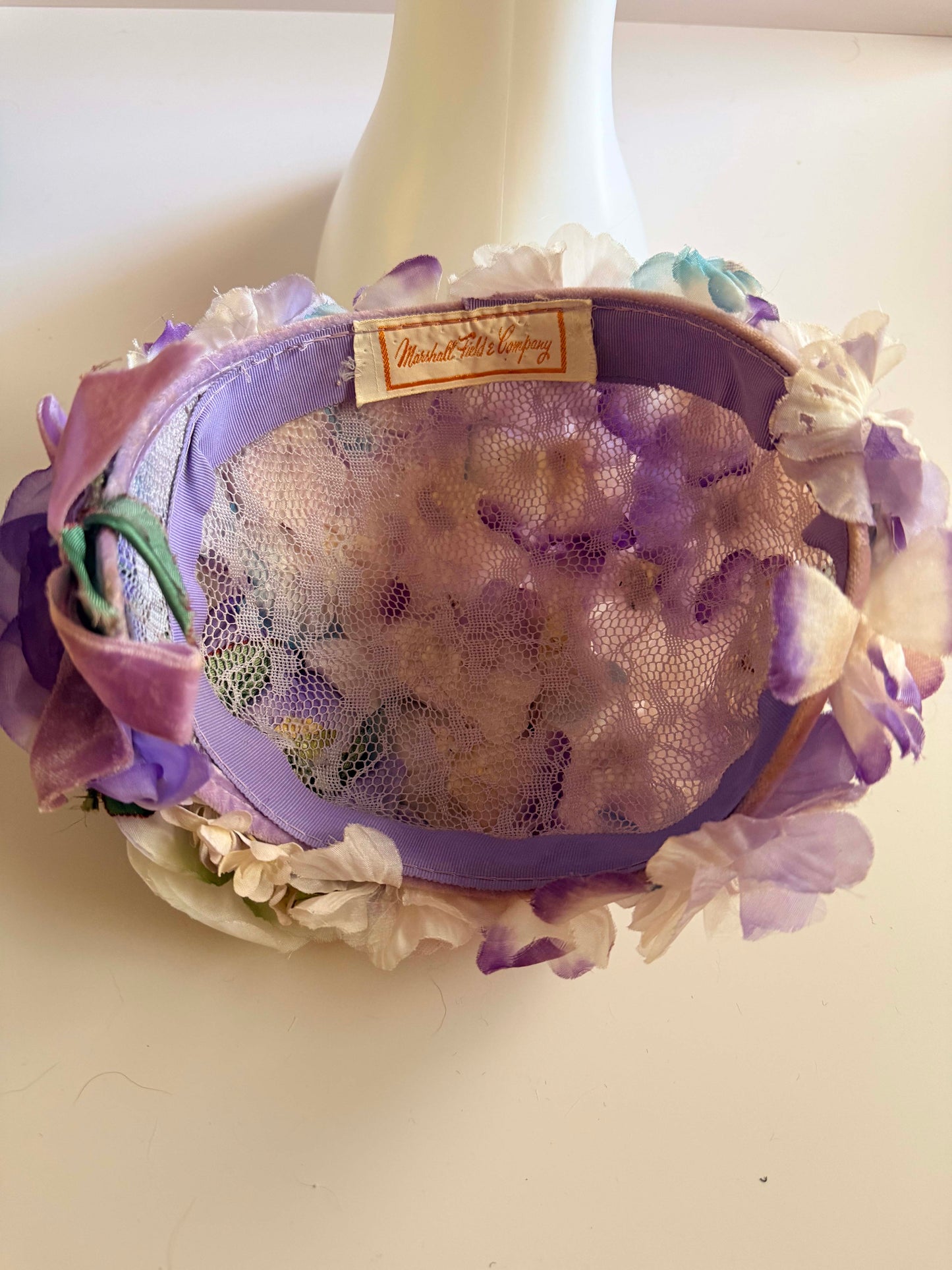 1950s Marshall Field & Company Floral Hat Purple Ivory Silk Flower Cap Vintage Garden Party Hat