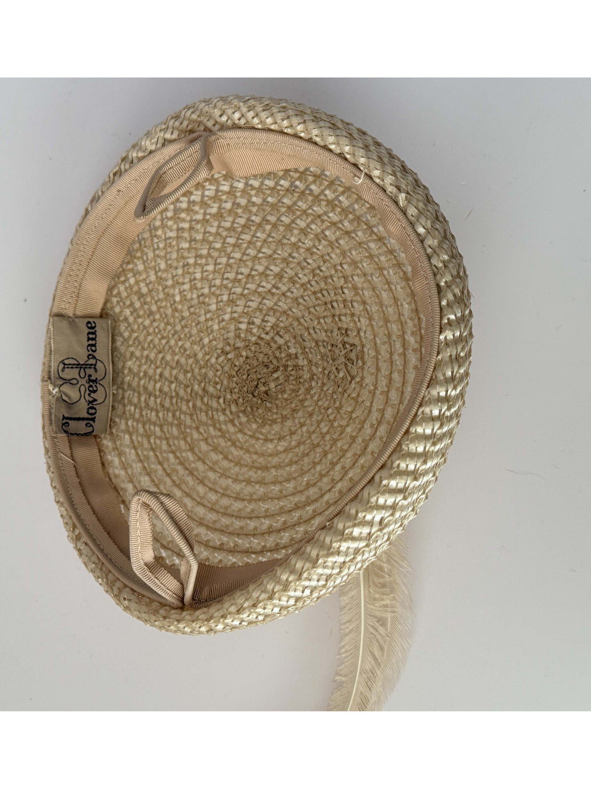1950s Clover Lane Vintage Ivory Straw Hat with Feather | Mid Century Tilt Cocktail Hat | Vintage Bridal Hat