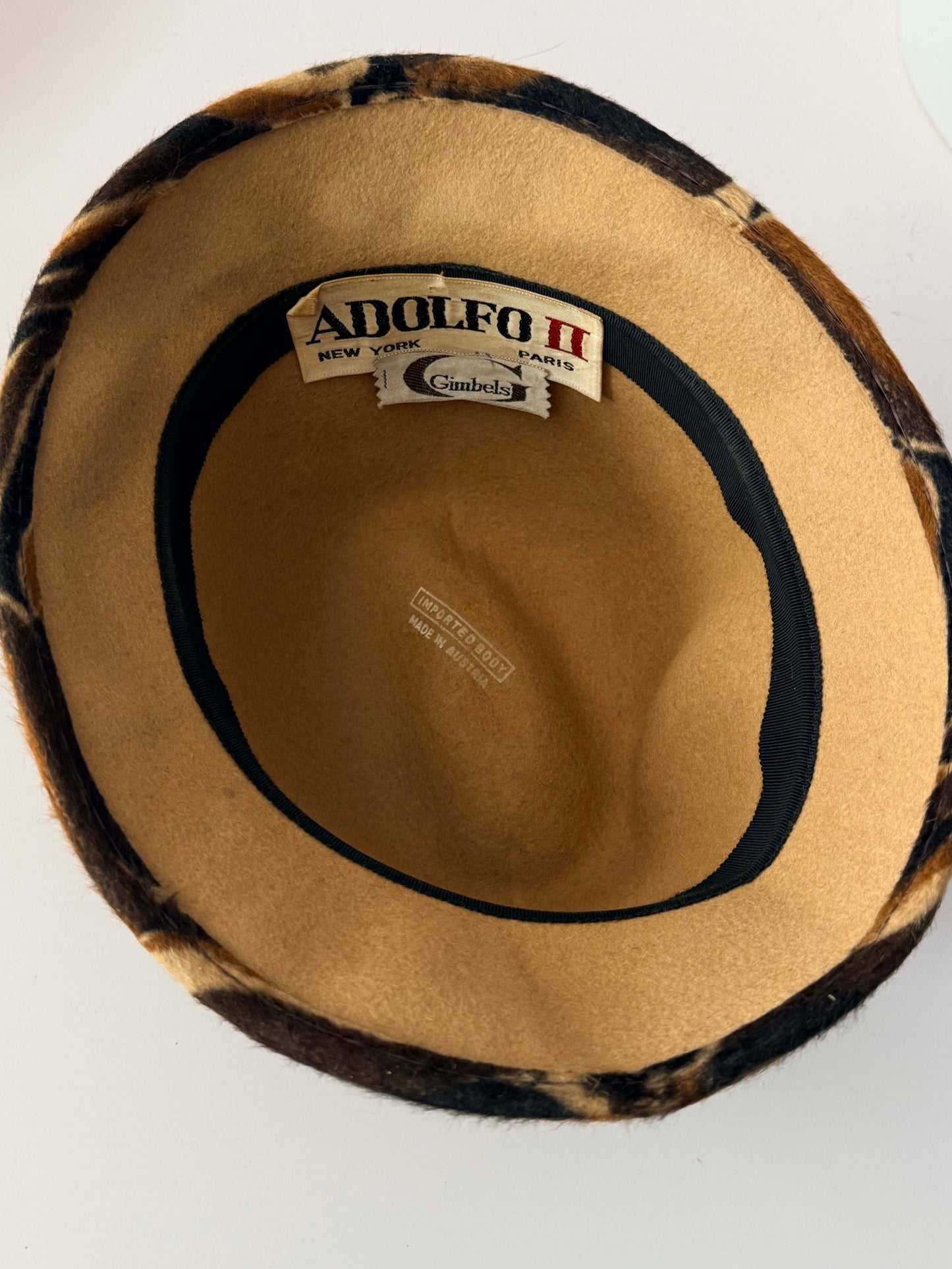 Vintage Adolfo II Animal Print Hat Gimbels Austrian Fur Felt Bucket Hat Designer Millinery