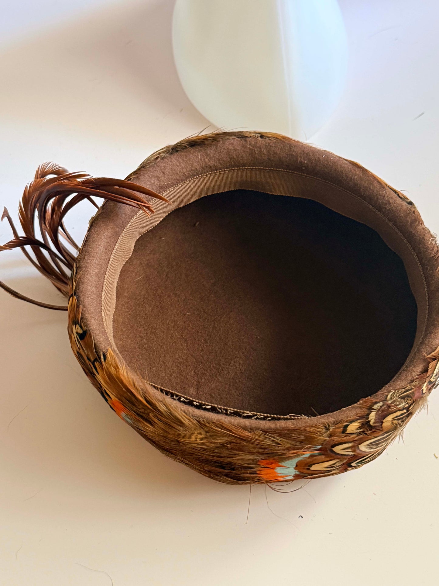 Vintage 1950s Feather Pillbox Hat Brown Pheasant Feather Cocktail Hat Statement Mid Century