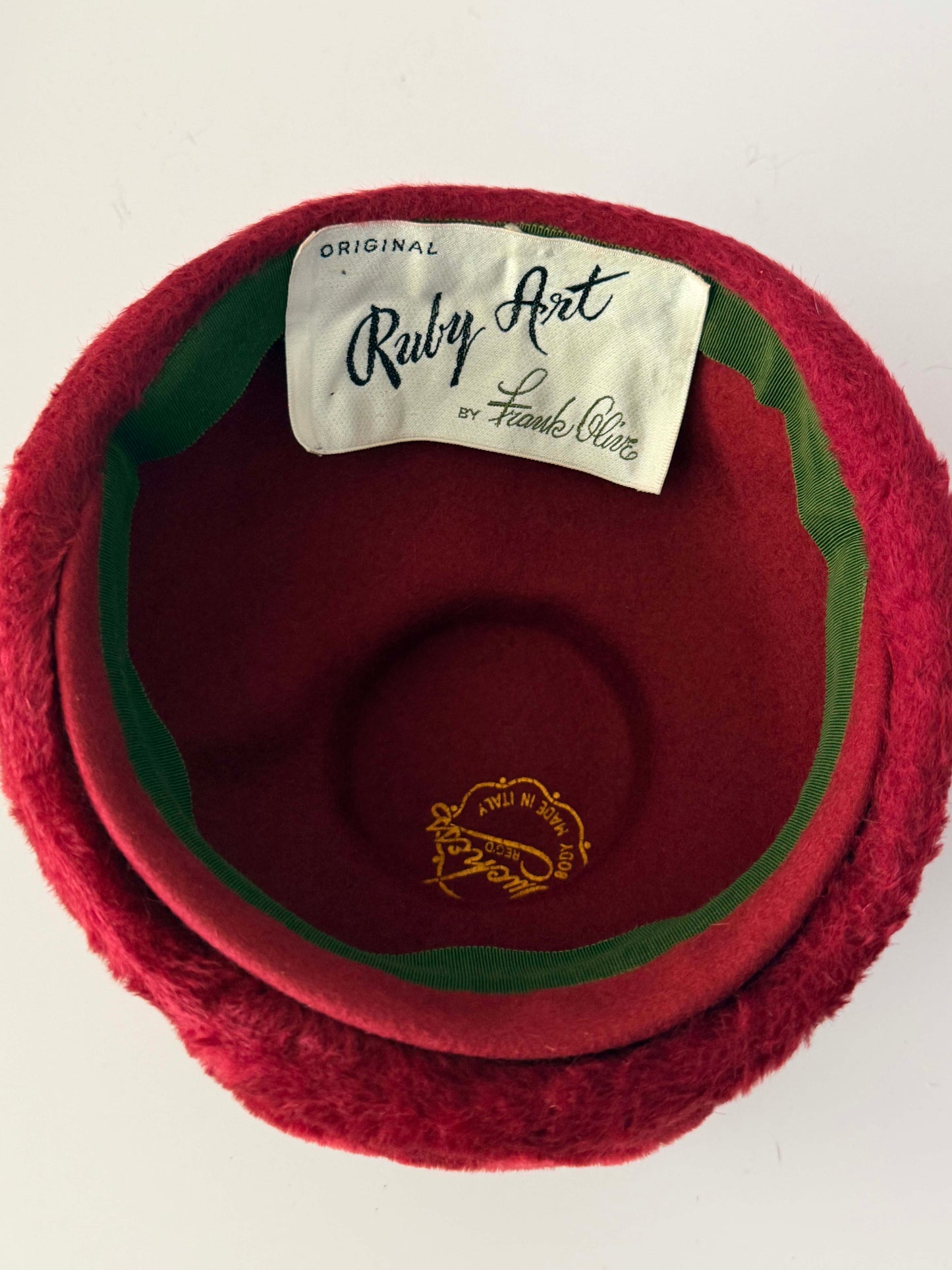 Vintage 1960s Frank Olive Ruby Art Red Hat | Italian Fur Felt Velour Mod Hat | Designer Vintage Millinery