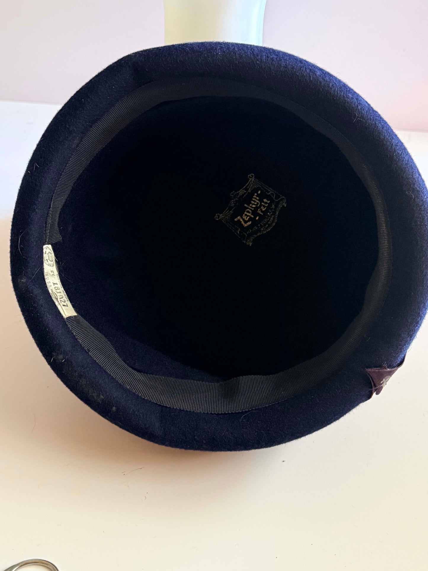 Vintage 1950s Navy Blue Felt Pillbox Hat Brown Ribbon Veil Cocktail Hat