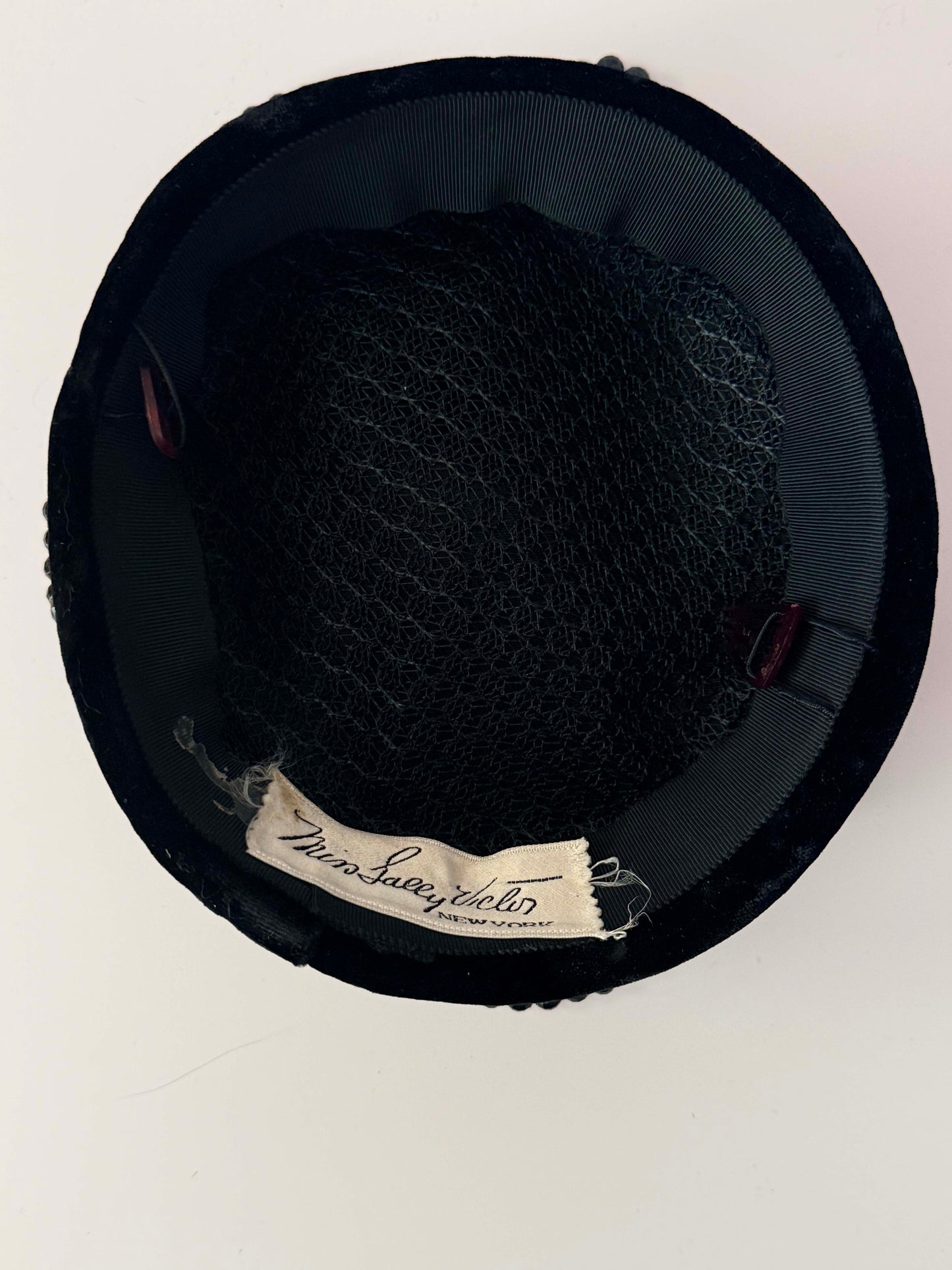 Vintage 1950s Sally Victor Black Velvet Pillbox Hat Jet Beaded Designer Cocktail Hat New York