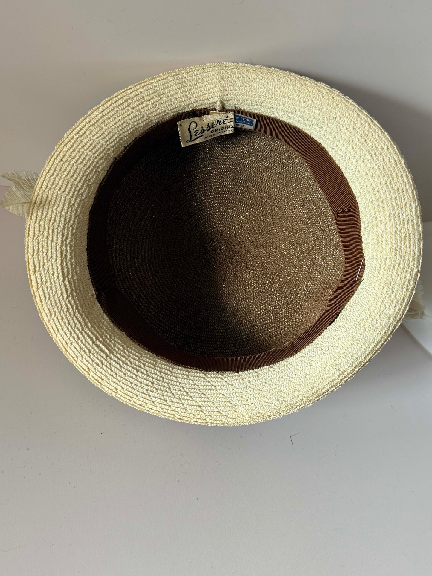Vintage 1940s Lesene Originals Straw Hat | Brown Ivory Feather Hat | Ostrich Plume Womens Vintage Millinery