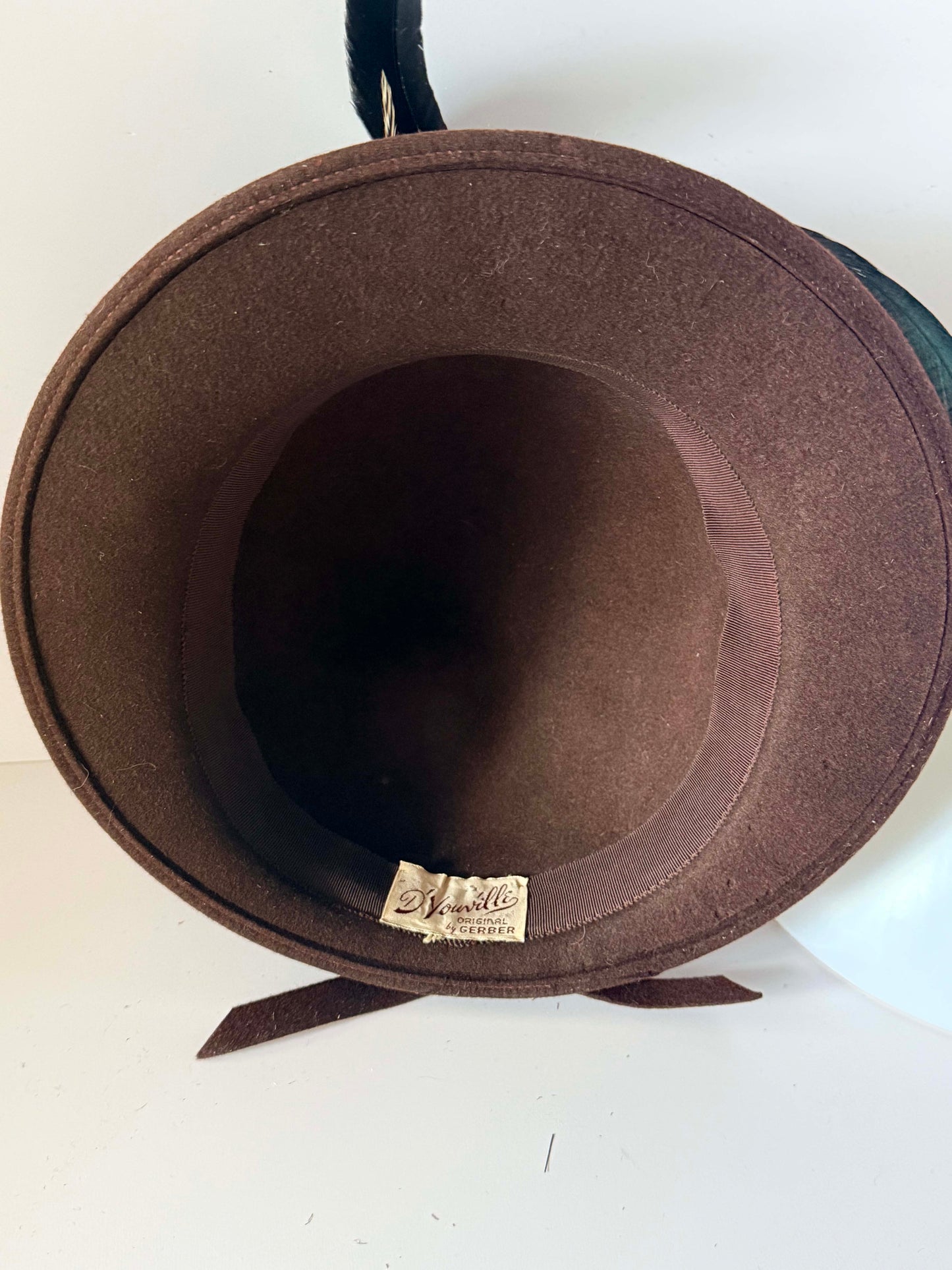 Vintage 1950s Brown Felt Hat D’Vourille Original by Gerber Feather Plume Mid Century Women’s Hat