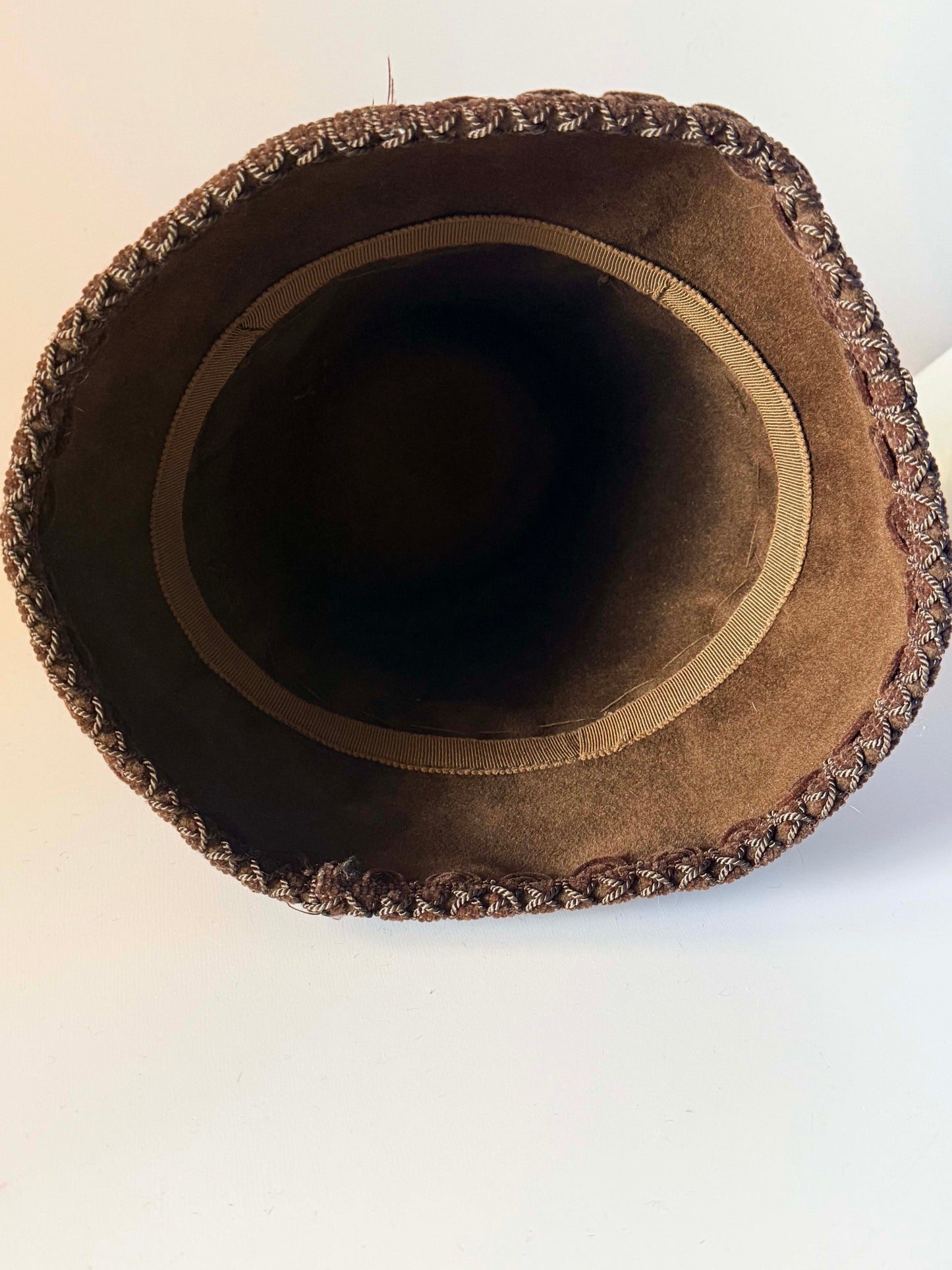 Vintage 1940s Brown Felt Hat | Ostrich Feather Tilt Hat | Brown Passementerie Trim | WWII Era Womens Millinery