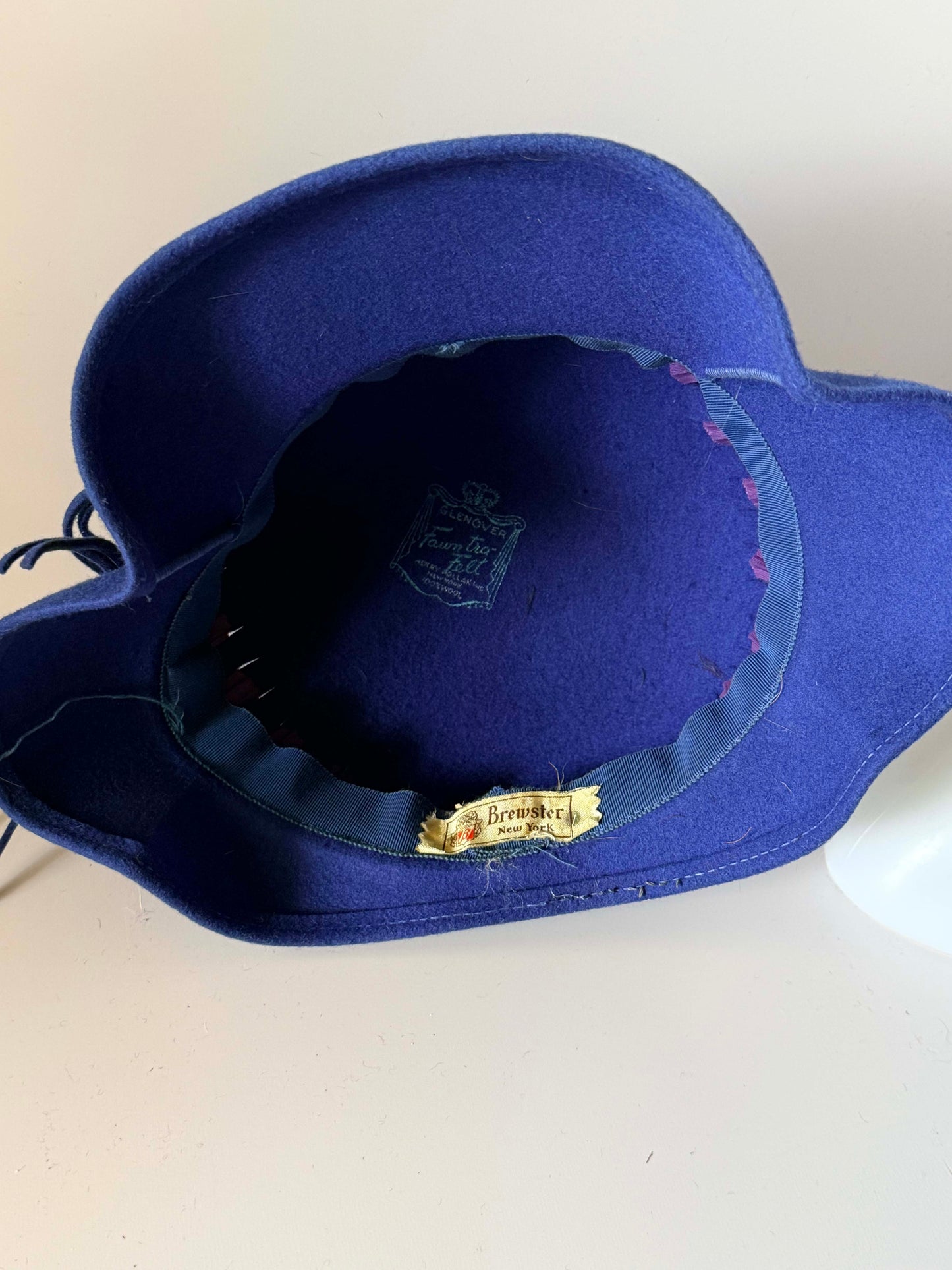 Vintage 1940s Brewster New York Blue Felt Cloche Hat Glenover Countess Felt Purple Ribbon Trim Women's Millinery