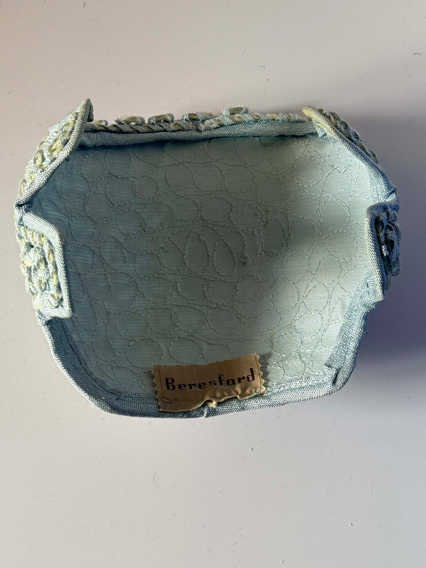 Vintage 1950s Beresford Baby Blue Sequin Half Hat Metallic Ribbon Cocktail Hat Mid Century Millinery
