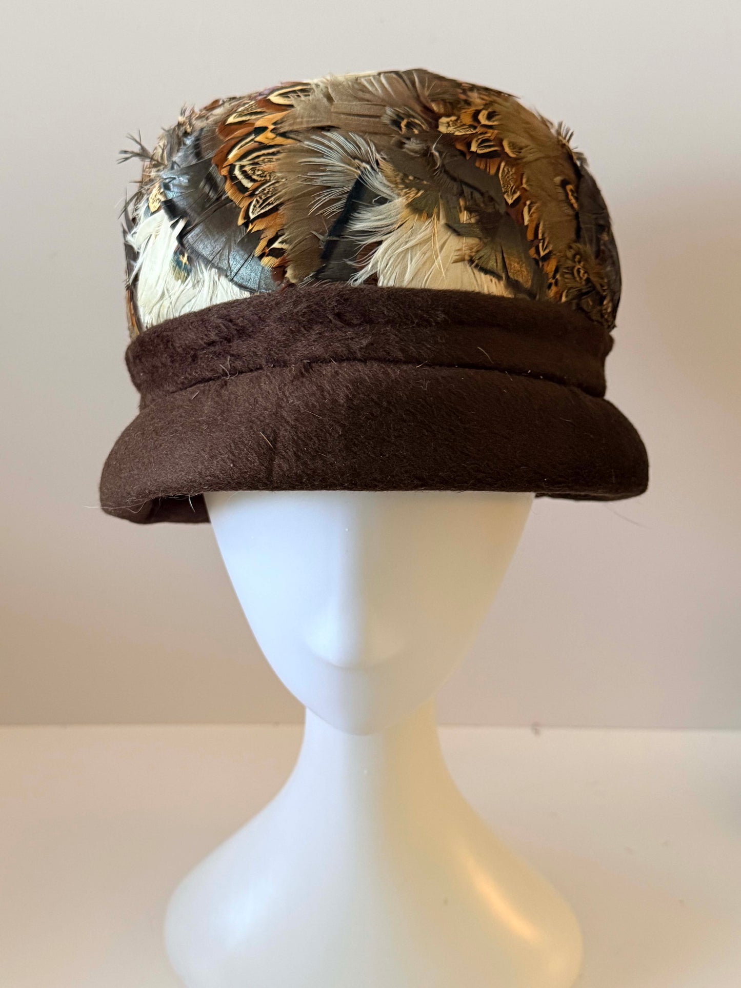 Vintage 1920s–1930s Inspired Cloche Hat Feather Crown Brown Felt Brim Art Deco Style Winter Millinery Statement Ha