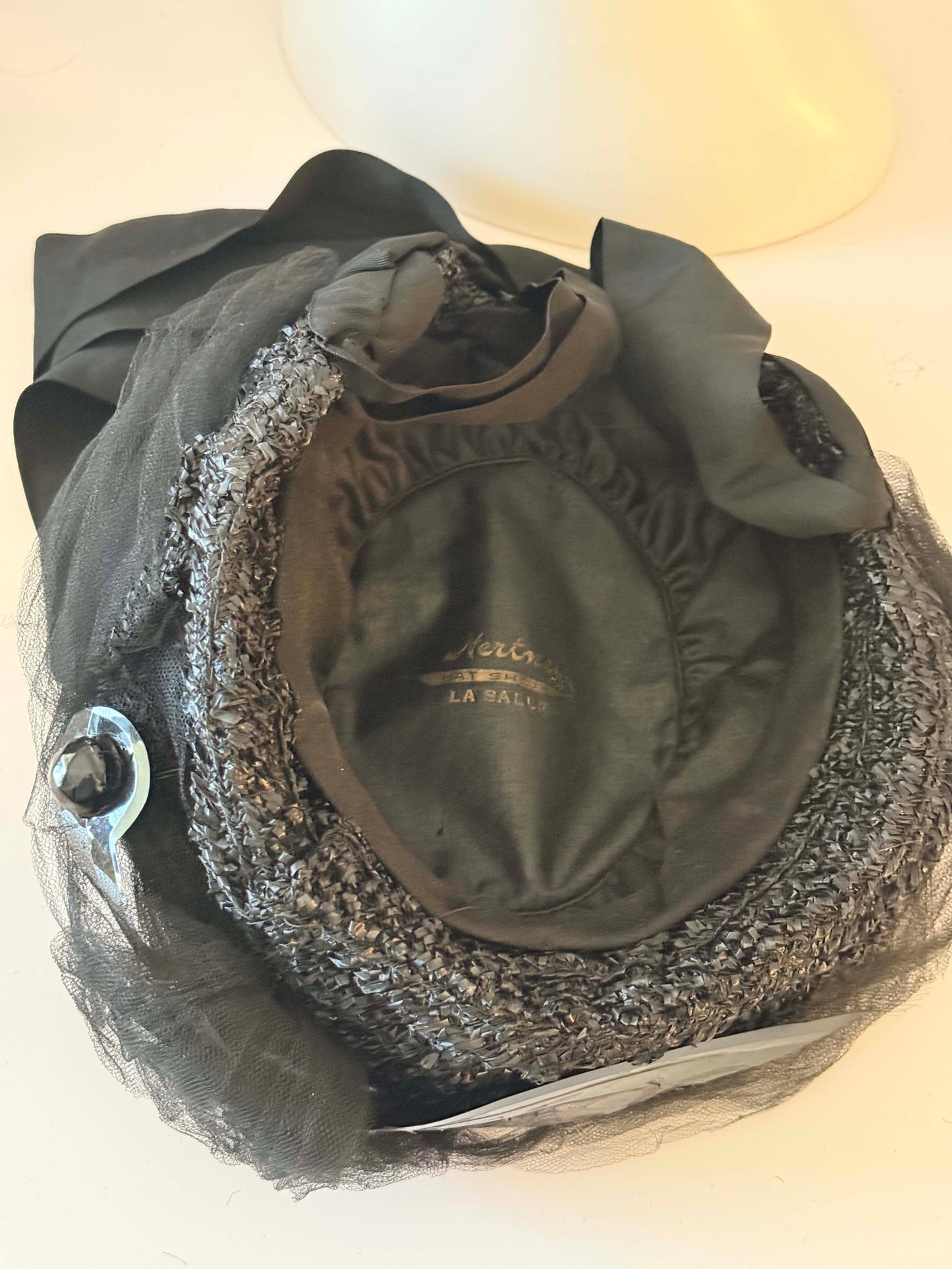 Vintage 1950s Black Veiled Chin Tiel Hat Net Tulle Hat La Salle Hat Structured Brim Satin Ribbon Tie Mid Century Evening Hat
