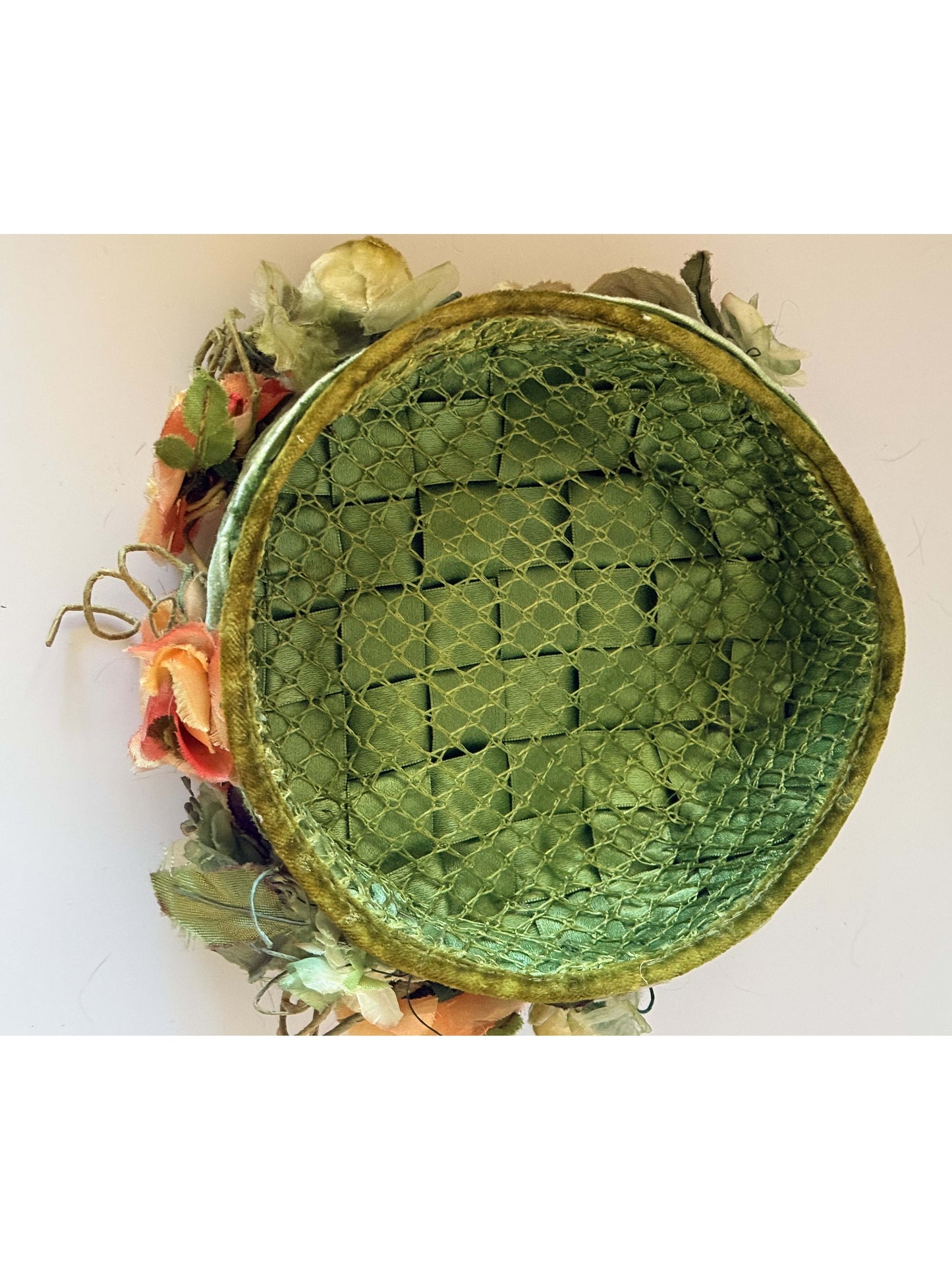 1950s Green Woven Velvet Floral Hat Garden Party Vintage Millinery Sculptural Spring Hat