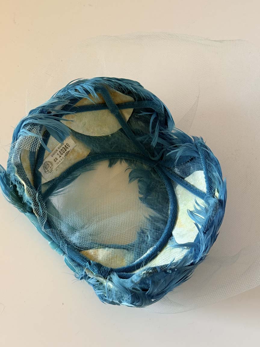 Vintage 1950s Turquoise Blue Feather Cocktail Hat Pale Blue Face Veil Women's Mid Century Formal Millinery