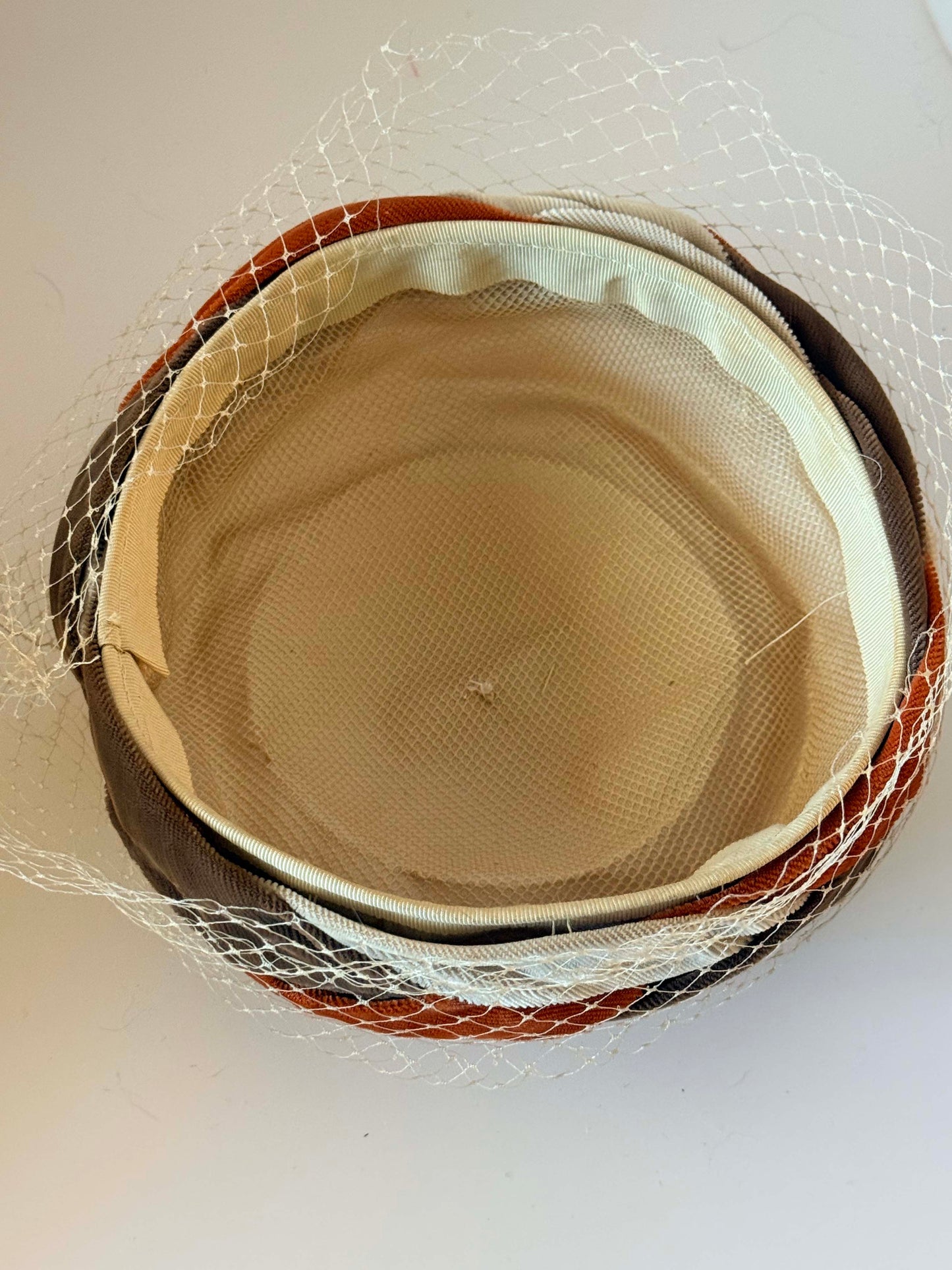 Vintage 1950s Cream Veil Pillbox Hat Rust Brown Trim Velvet Detail Cocktail Hat Mid Century Millinery